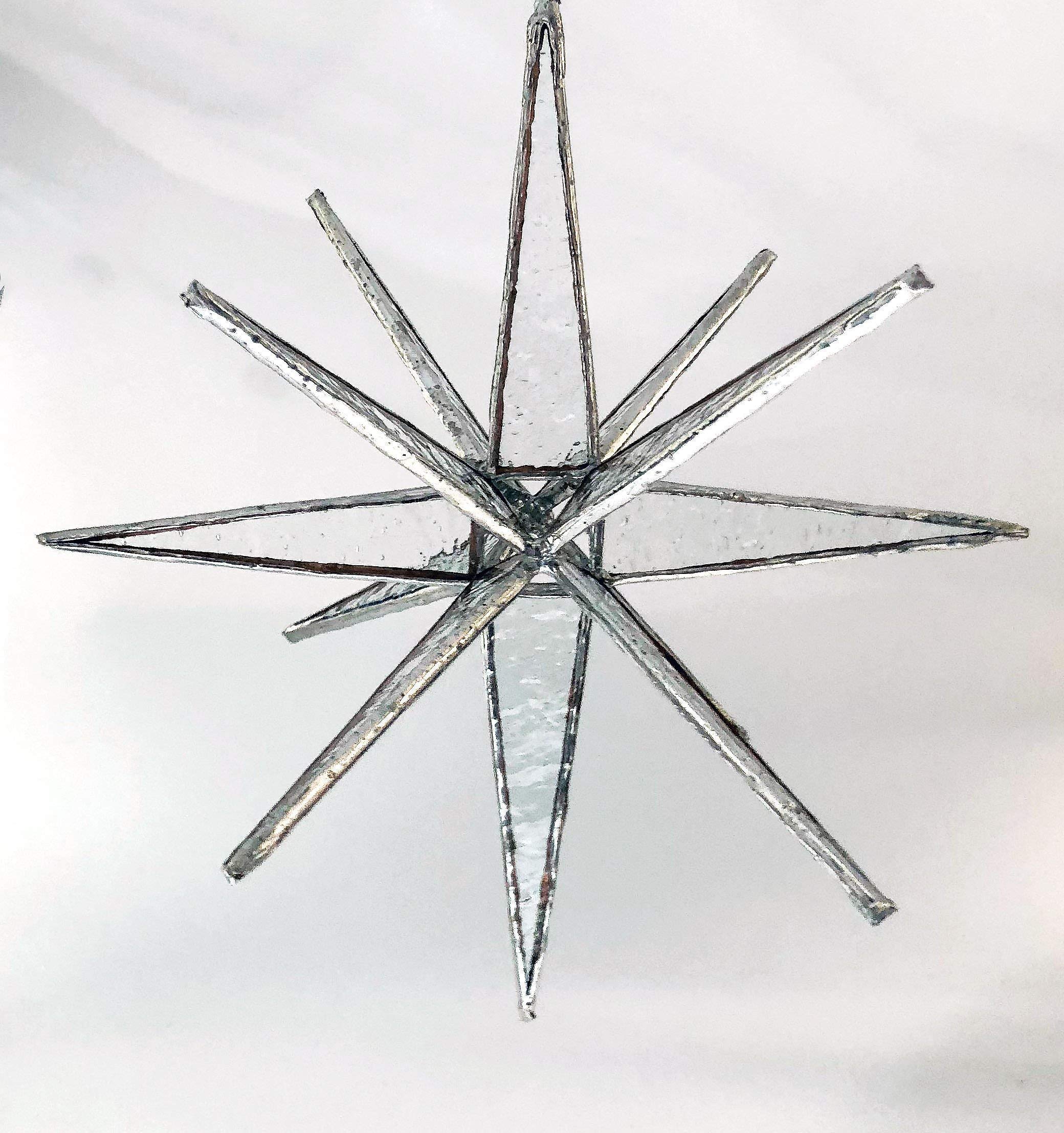 Handmade Stained Glass Moravian Star Tree Topper - Textured Clear Glass Ornament for Christmas Decorations, Holiday Home Décor & Window Hangings