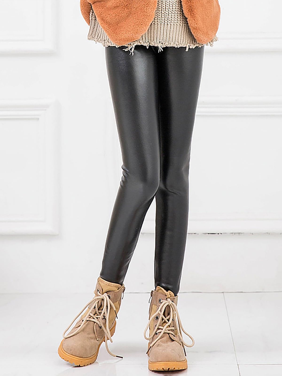 LOLANTA Girls Faux Leather Pants - Winter Fleece Lined Leggings for Kids, Stretchy Fashion Trousers - Perfect for School, Playdates & Holiday Outfits