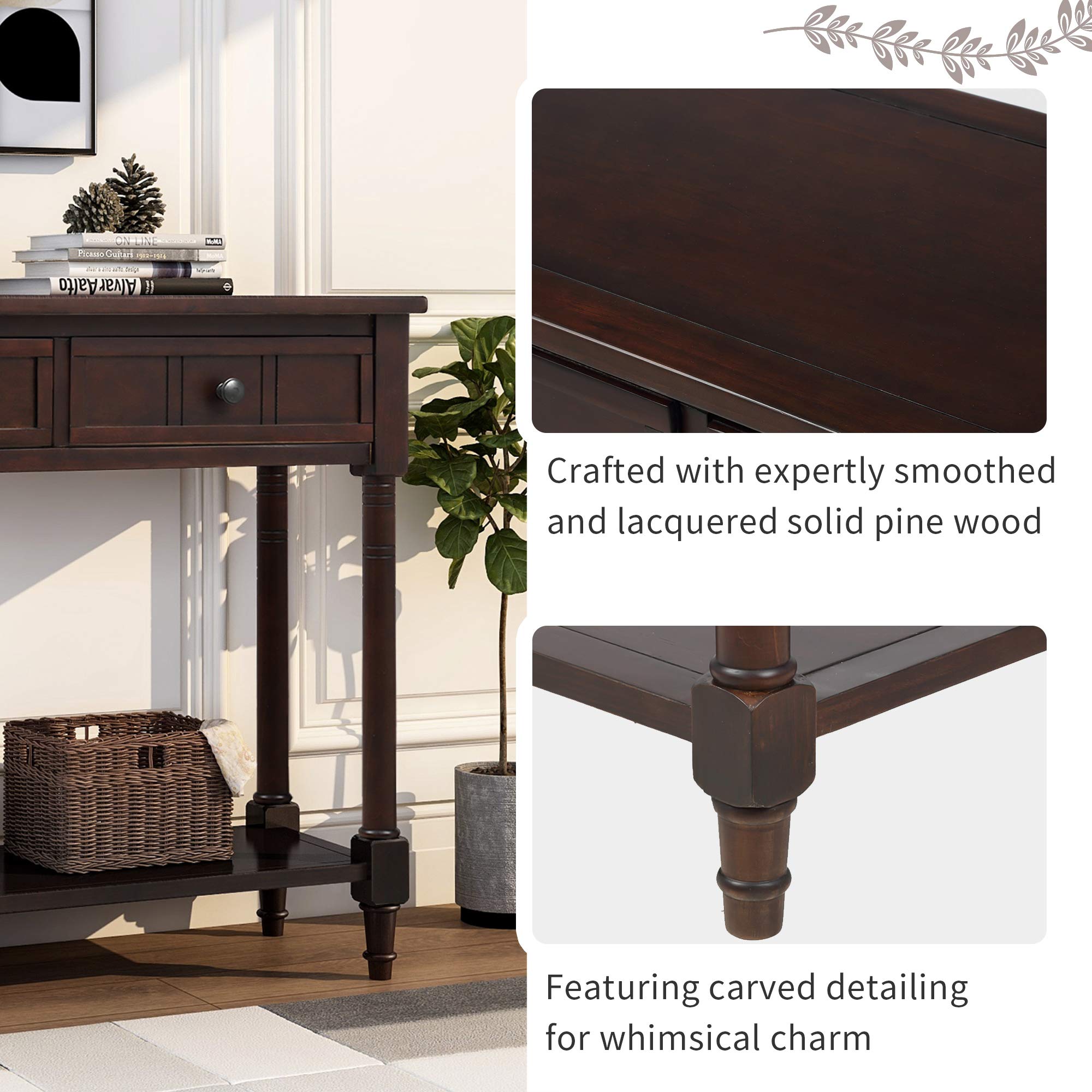 HOUAGI Narrow Console Table with 2 Drawers & Bottom Shelf - Daisy Series Sofa Table for Entryway, Hallway & Living Room - Easy Assembly Espresso Wooden Hall Table - Perfect for Small Spaces, Home Decor & Apartment Furnishing