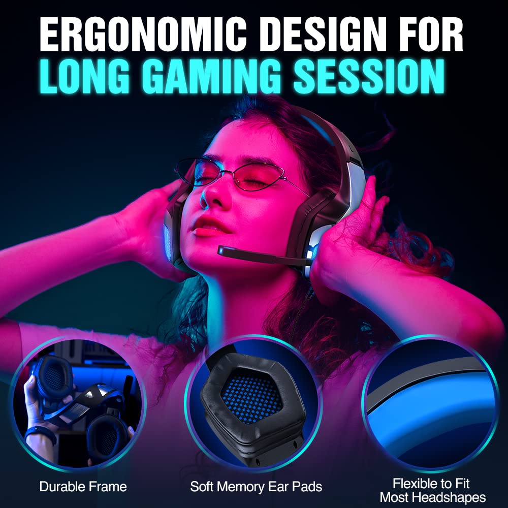 BENGOO V-4 Gaming Headset with Noise Cancelling Mic - 7.1 Surround Sound Over-Ear Headphones for Xbox Series X/S, PS5, PC, Mac, Nintendo Switch - LED Light & Memory Foam Earmuffs - Perfect for Gaming, Streaming & Online Classes (3.5mm Jack)