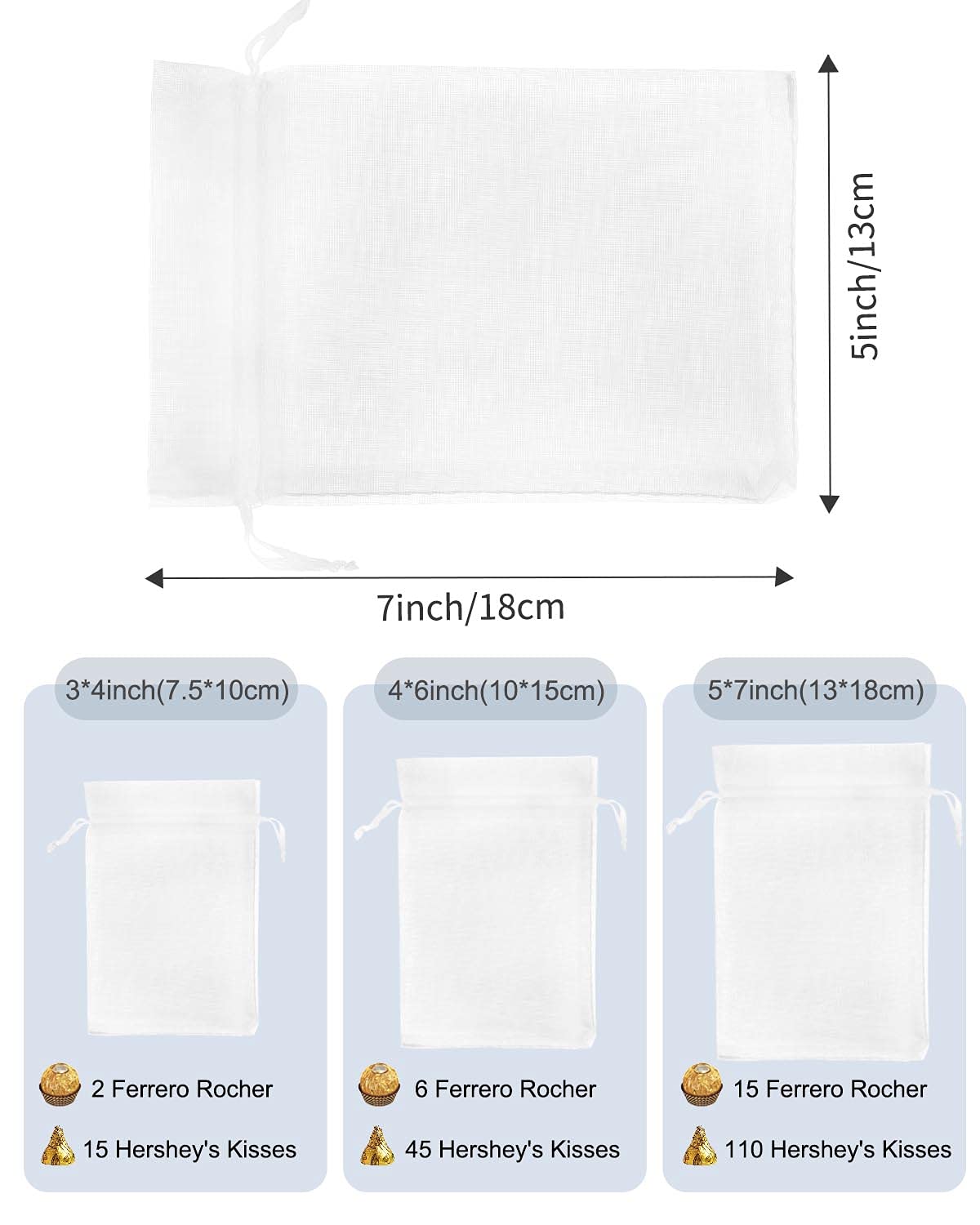 Kslong 100PCS 3x4 Inch Small Mesh Drawstring Bags - Sheer Organza Jewelry Gift Bags for Wedding Favors, Party Supplies, Candy Packaging & Small Business (White) | Perfect for Bracelets, Rings, Candies & DIY Crafts