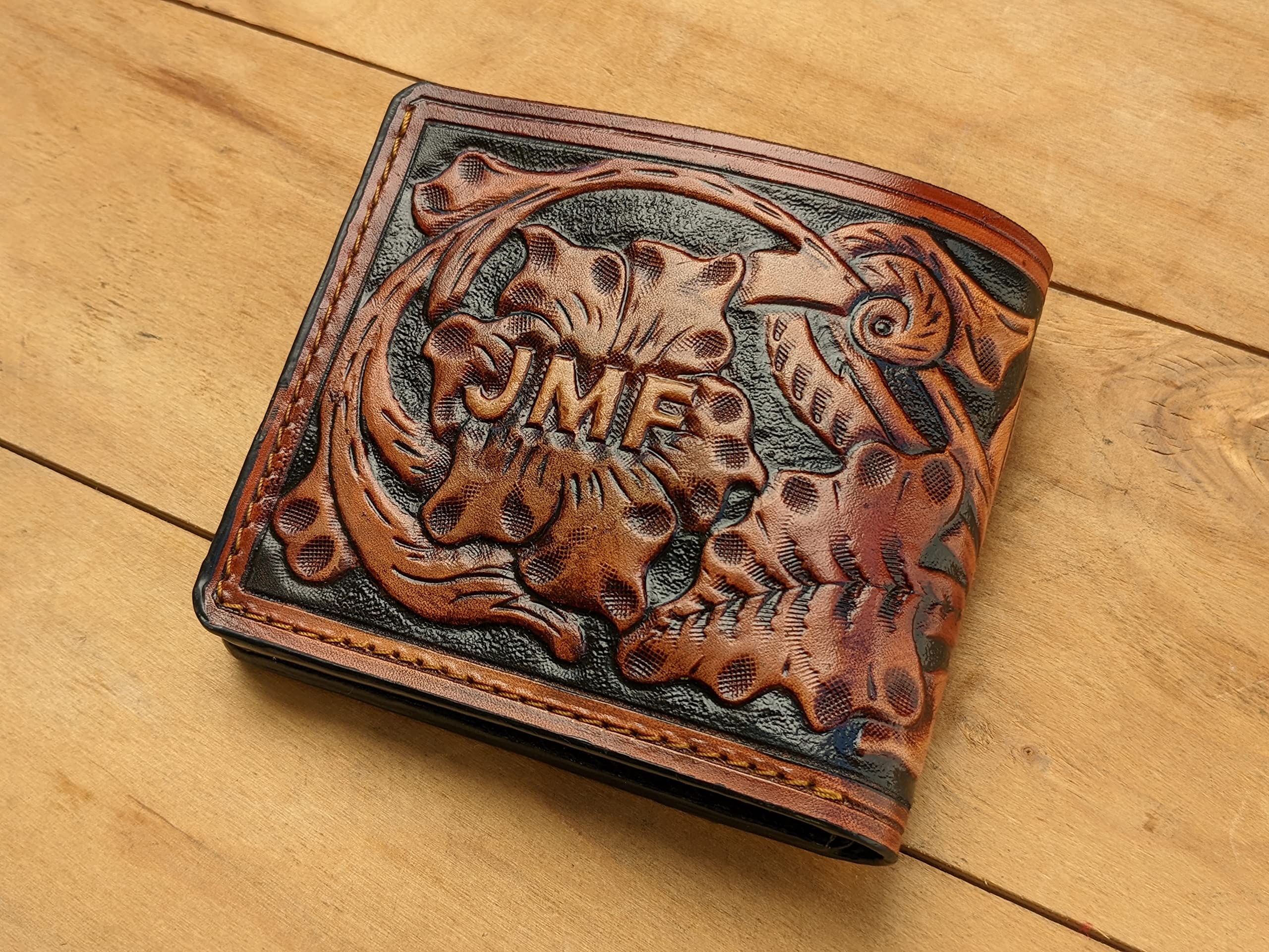 Handmade 3D Genuine Leather Bifold Wallet for Men - German Shepherd Dog Puppy Flower Carved Design - Custom Personalized Tooled Airbrush Art Wallet - Perfect Gift for Dad, Husband & Dog Lovers