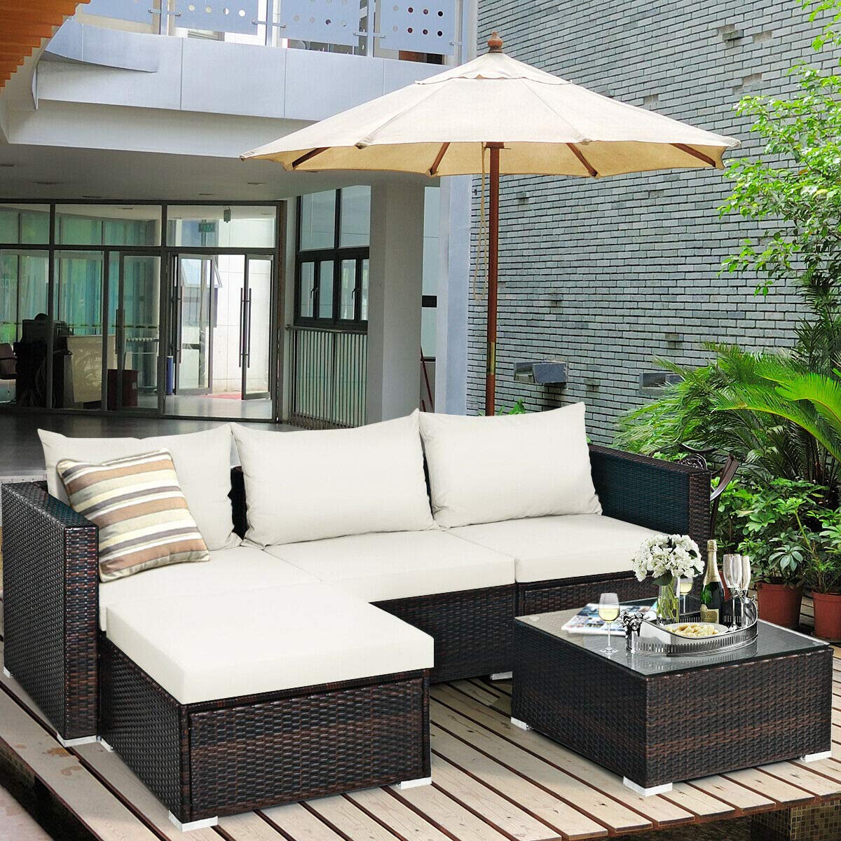 HappyGrill 5-Piece Outdoor Rattan Wicker Sectional Sofa Set with Coffee Table & Cushions - Patio Conversation Furniture for Garden, Porch, Backyard & Poolside Relaxation