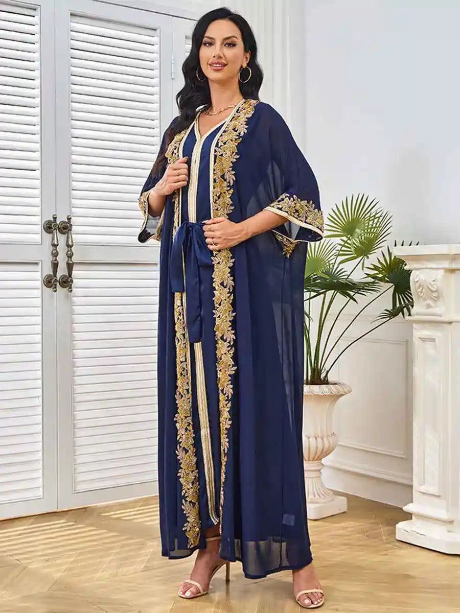Elegant Beaded Eid 2-Piece Set - Batwing Sleeve Farasha Kaftan Dress for Women | Perfect for Eid Celebrations, Weddings & Special Occasions (#25264)