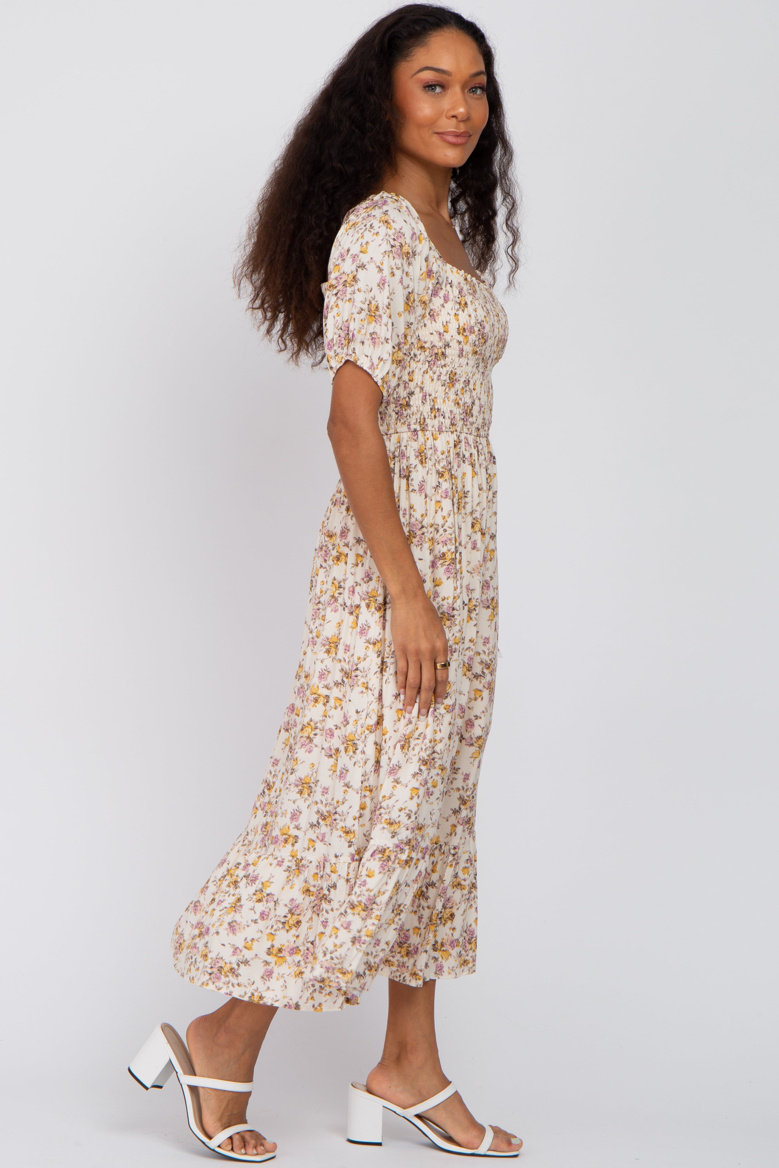 Beige Floral Puff Sleeve Midi Dress for Women - Elegant Spring Summer Casual Outfit for Brunch, Wedding Guest & Vacation