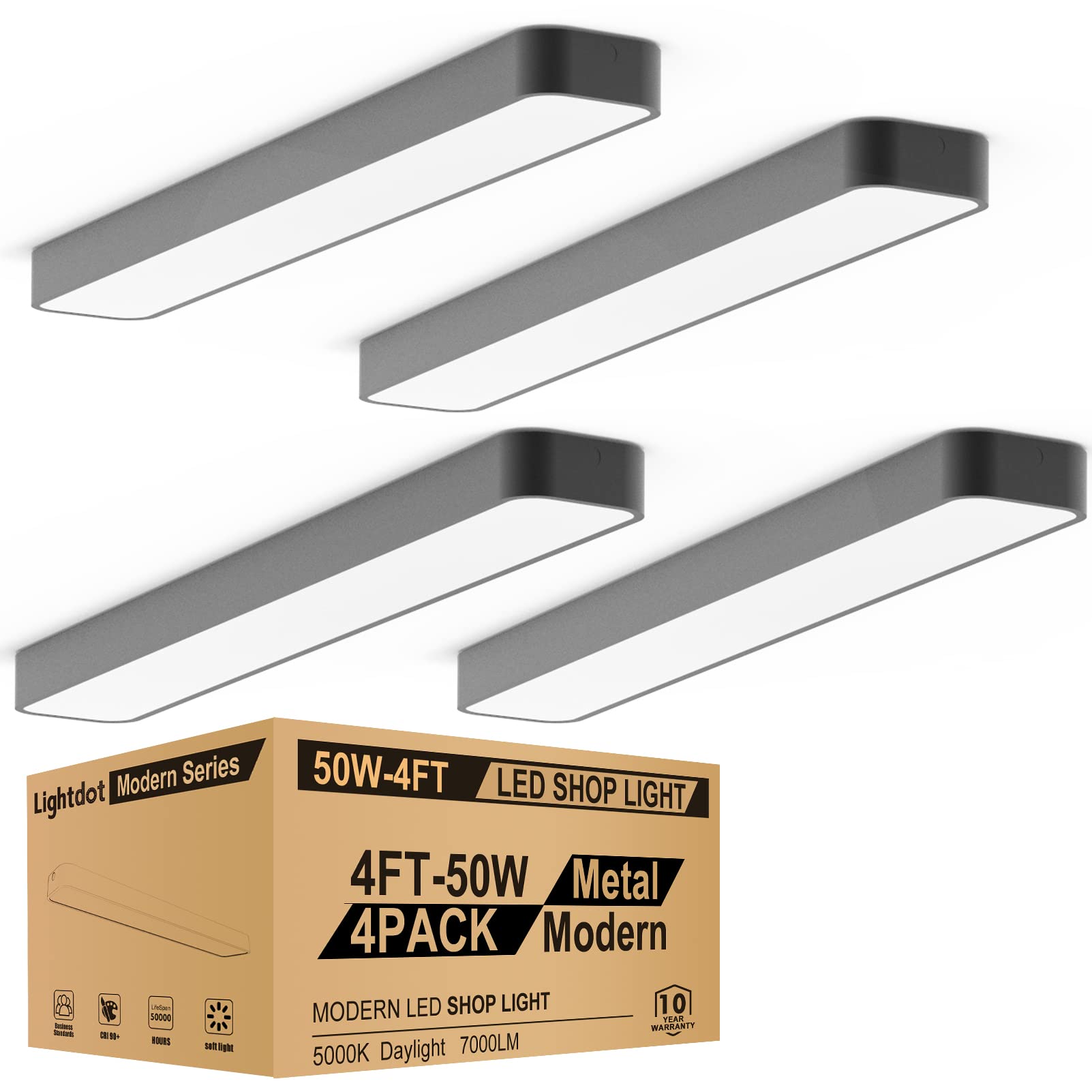 4-Pack Lightdot 4ft LED Flush Mount Ceiling Light Fixtures - 50W 7000LM 5000K White Light - Energy Saving Linear Kitchen Lights, Garage & Office Lighting - Dimmable Fluorescent Replacement - Black - Perfect for Kitchens, Garages, Workshops & Commercial Spaces