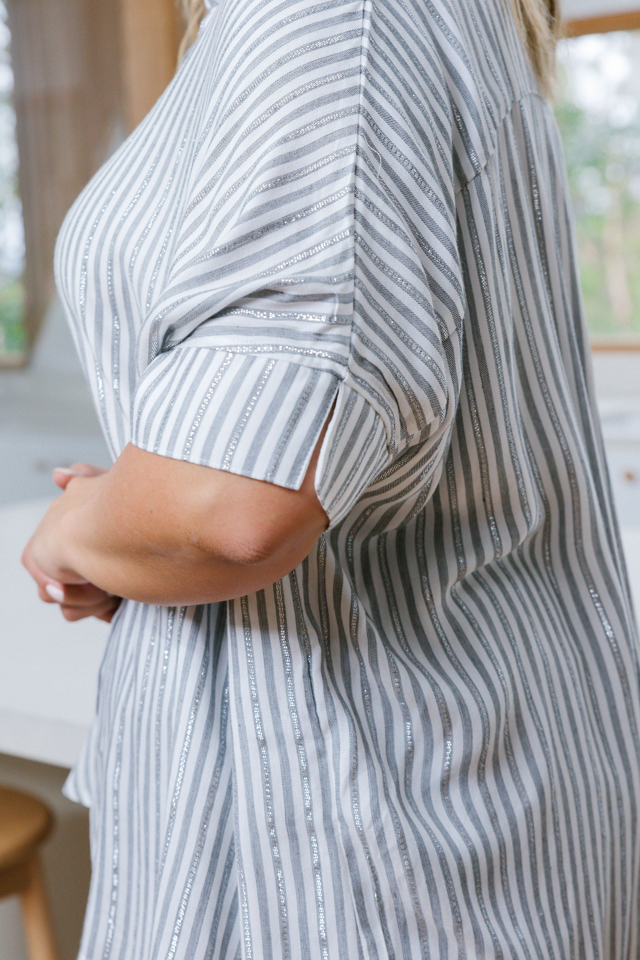 Tammin Women's White & Metallic Stripe Casual Shirt - Perfect for Office Wear, Date Nights & Everyday Outfits