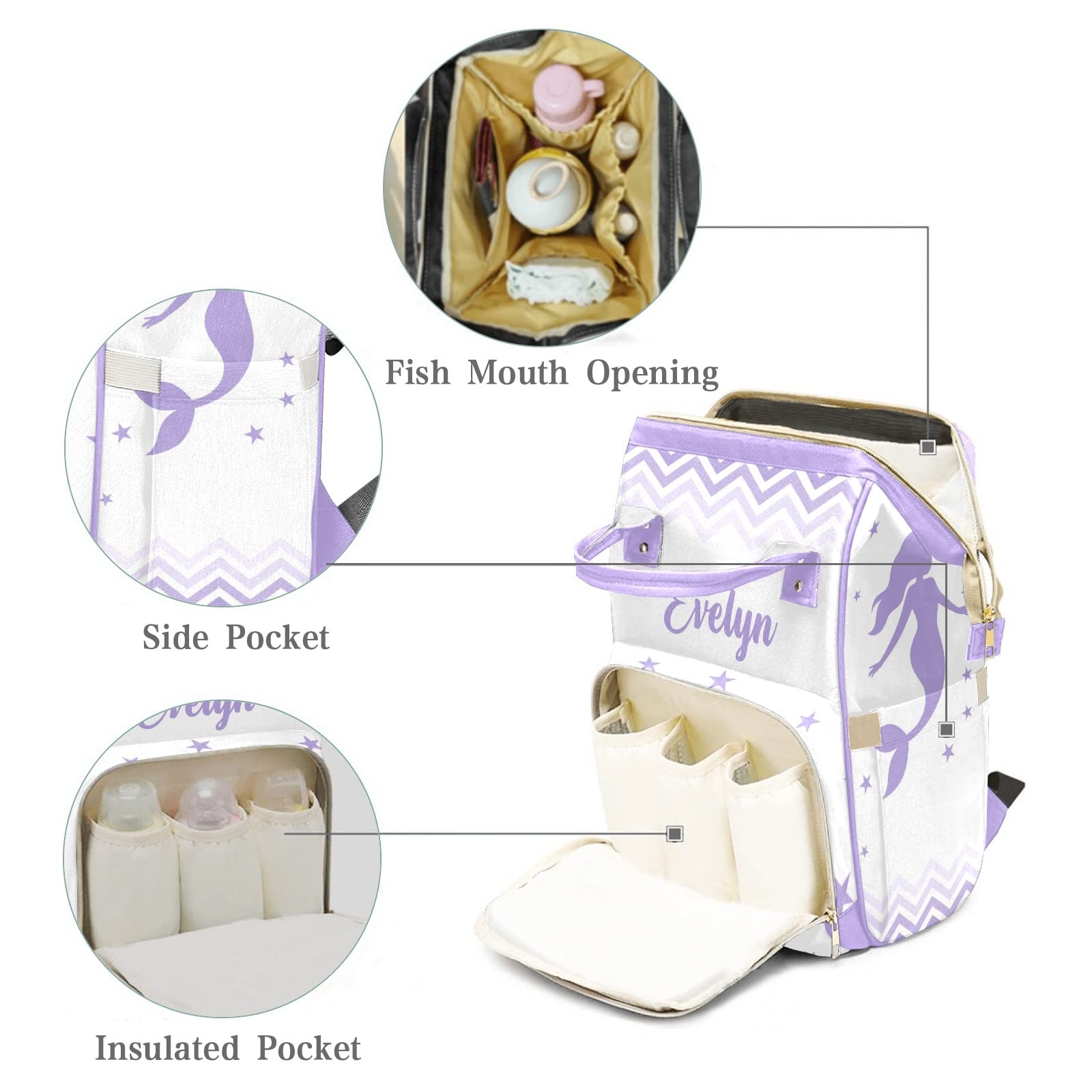 Custom Mermaid Chevron Purple Diaper Bag Backpack Tote - Personalized Baby Shower Gift for Moms, Travel & Daily Use