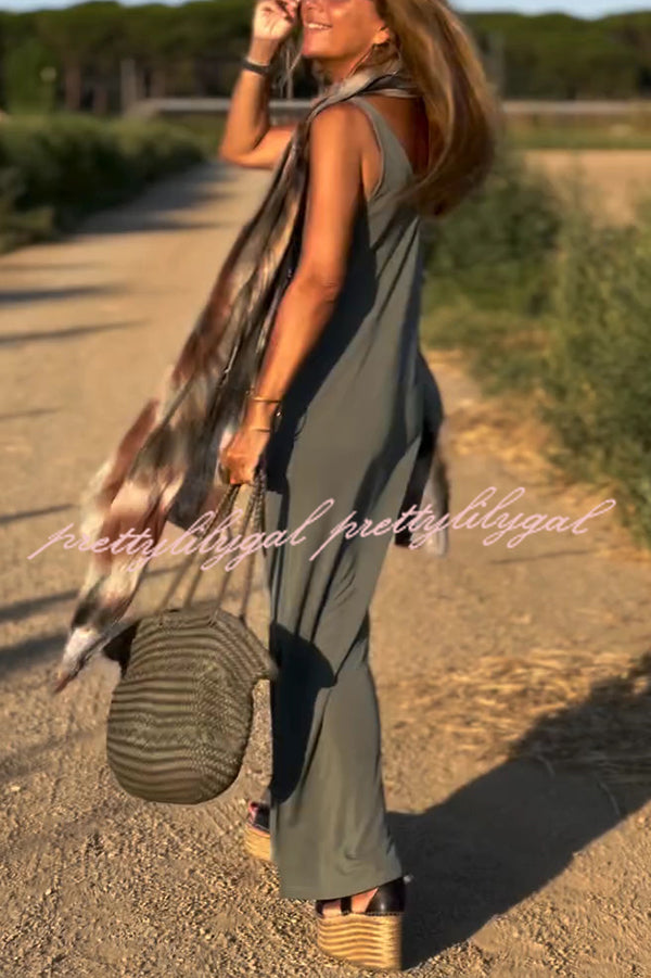 Elegant Solid Color V-Neck Sleeveless Maxi Dress - Casual Loose Fit Summer Beach Dress for Women | Perfect for Vacation, Date Night & Outdoor Events