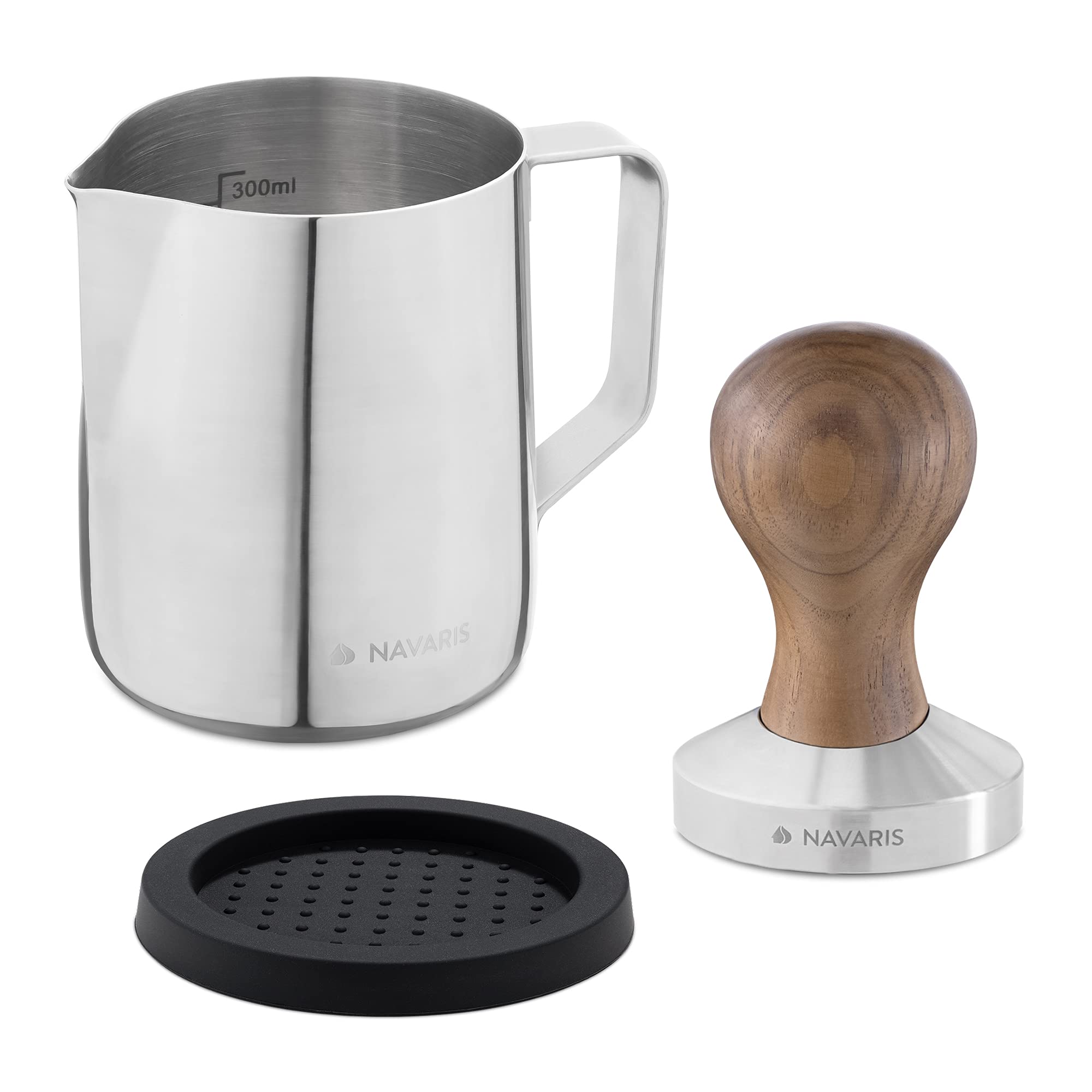Navaris 51mm Coffee Tamper Set - Stainless Steel Espresso Press with Walnut Handle & Milk Frothing Pitcher - Professional Barista Tools for Home Brewing | Perfect for Espresso Machines & Latte Art
