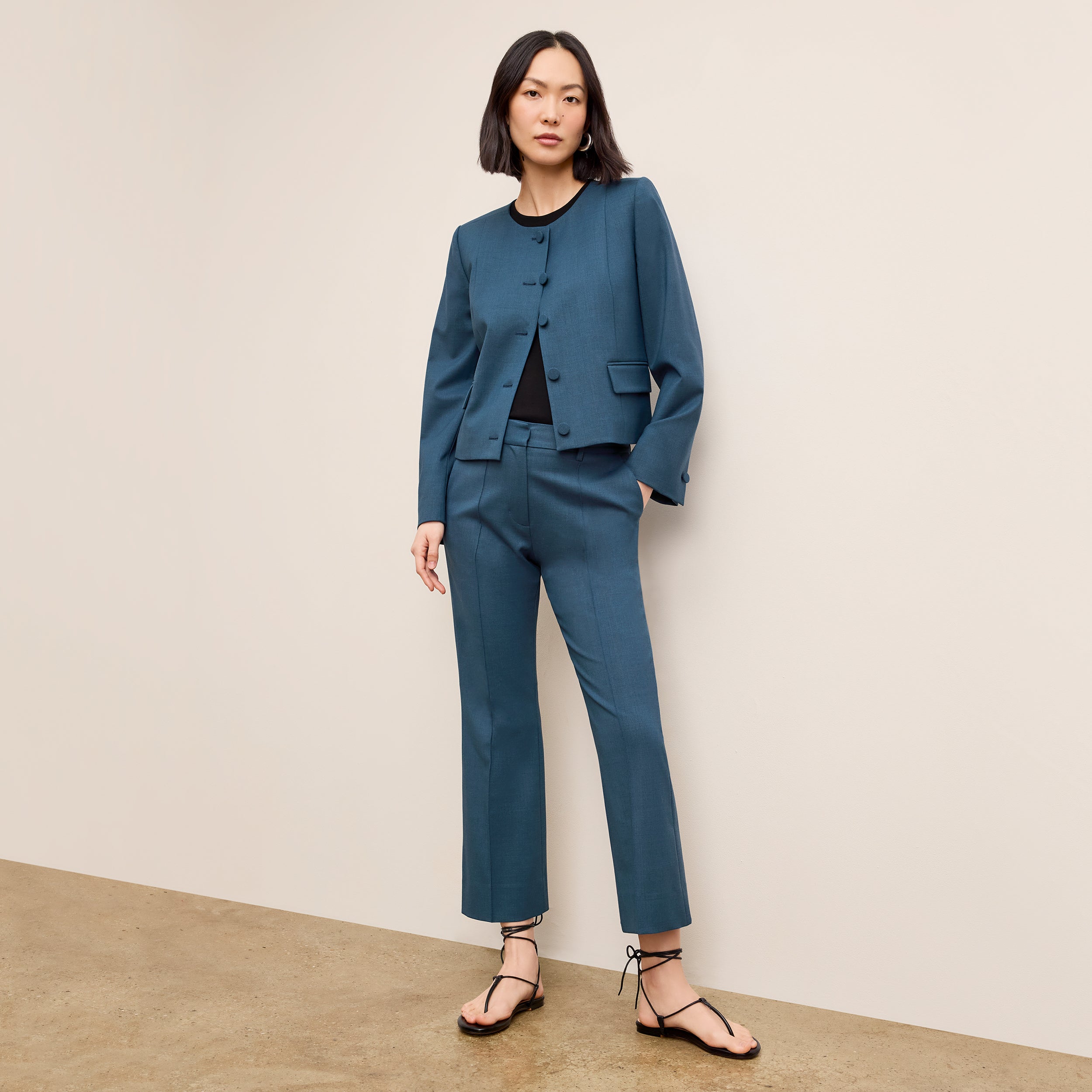 Tessa Kick Flare Trouser - Washable Wool Twill Pants for Women in Bluebell | Comfortable & Stylish Office Wear & Casual Outfits