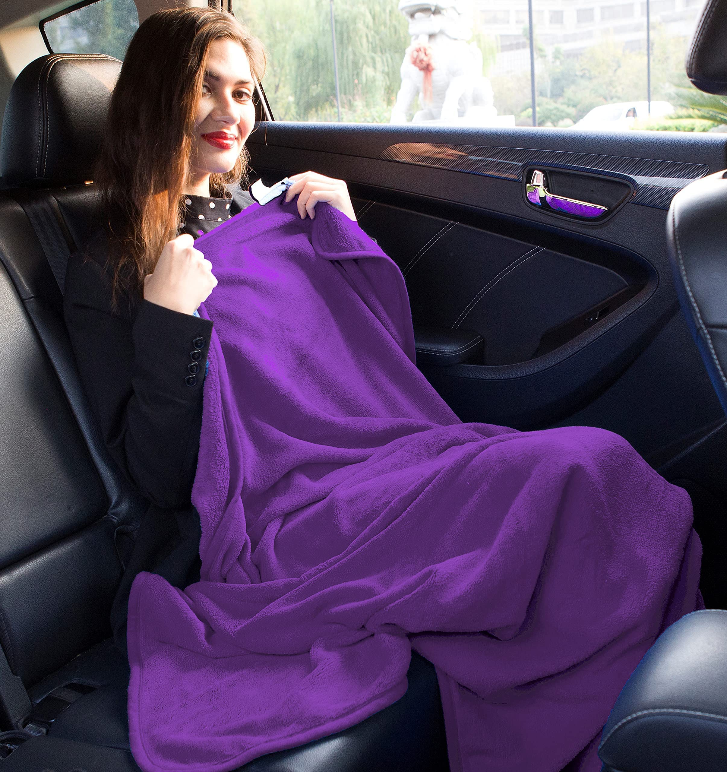 BlueHills Premium Soft Travel Blanket & Pillow Set of 4 - Ultra Cozy Airplane Blanket Throw with Carry Bag, Compact Large Travel Blanket in Gray, Navy, Purple & Light Pink - Perfect for Flights, Road Trips & Camping