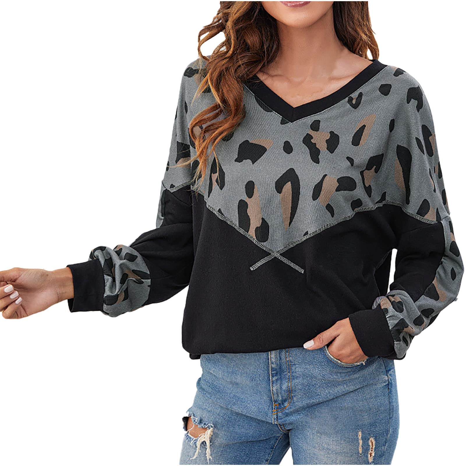 Women's Leopard Print Patchwork Long Sleeve T-Shirt - Loose Fit Plus Size V-Neck Pullover Sweatshirt for Casual Wear, Work & Fall Fashion
