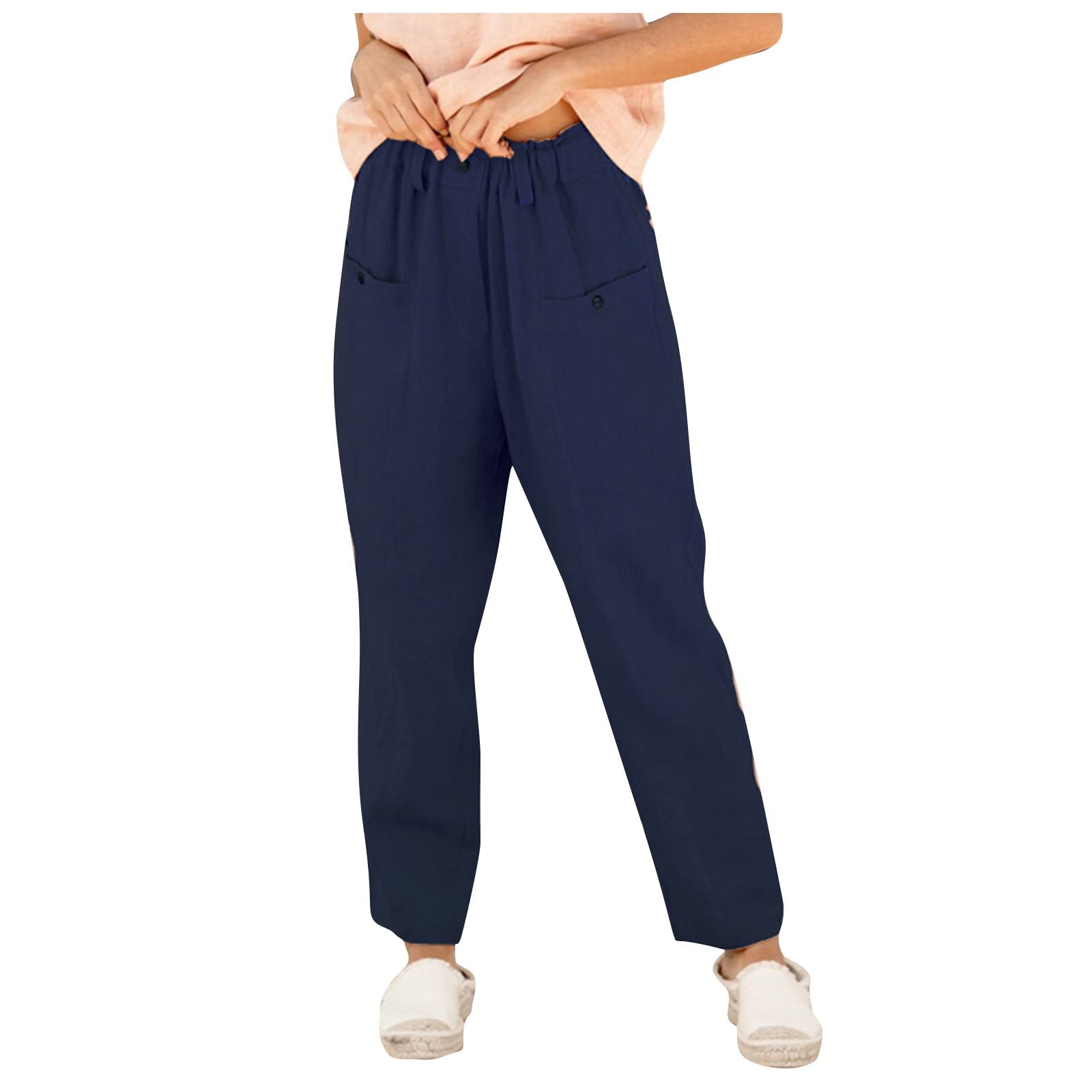 HUANKD Women's Cargo Pants - Cotton Linen Blend, Elastic Waist, Loose Fit Casual Trousers with Button Details | Perfect for Outdoor Adventures, Travel & Everyday Wear