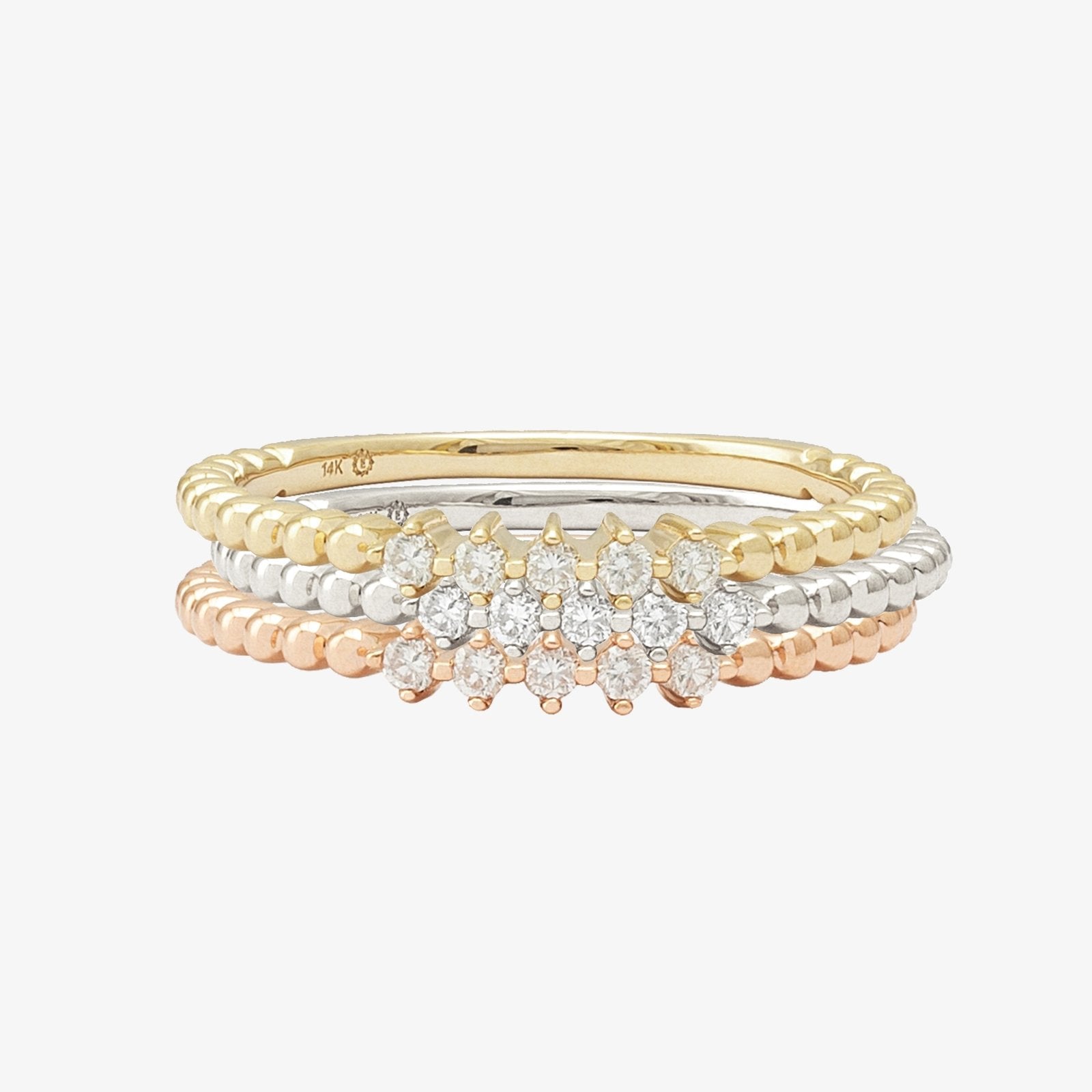 14K Solid Rose Gold Five Diamond Beaded Ring for Women - Elegant Stackable Dainty Jewelry Gift for Anniversary, Birthday & Special Occasions