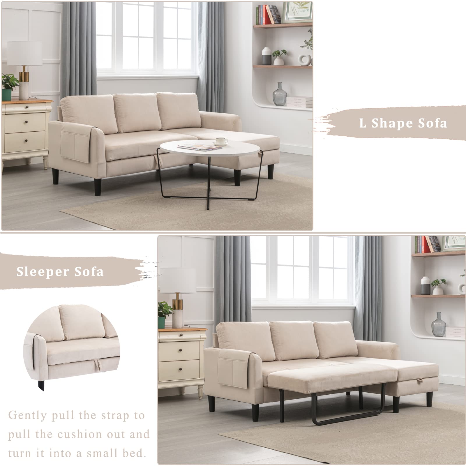 Modern L-Shaped Sectional Sofa with Pull-Out Bed & Reversible Storage Chaise - 3-Seater Sleeper Couch with Pillows, Beige Velvet Upholstered Furniture for Living Room, Bedroom & Small Apartments - Perfect for Guest Accommodation & Space-Saving Solutions