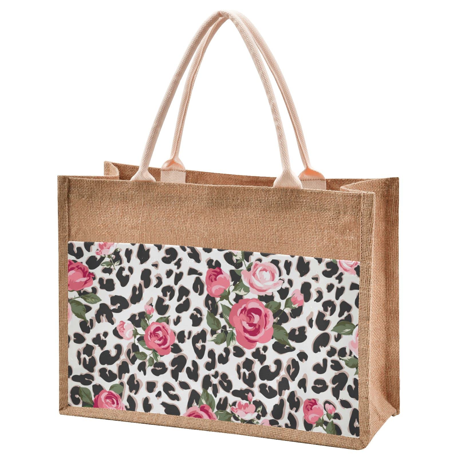 Women's Leopard Print Jute Tote Bag with Zipper - Beach, Work & Shopping