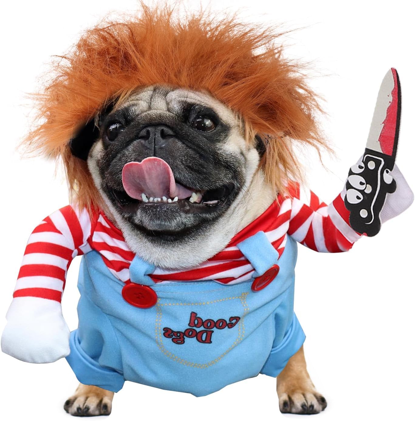 Chucky Dog Halloween Costume with Knife - Scary Pet Costume for Small Dogs (XS) | Funny Halloween Outfit for Pets, Perfect for Halloween Parties & Trick or Treat