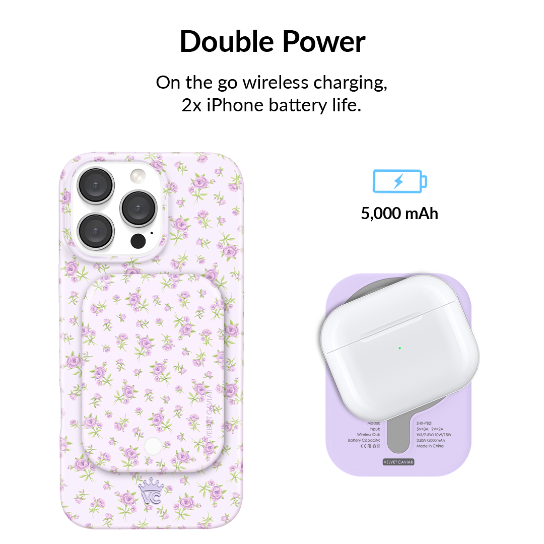 Dainty Lilac Floral MagSafe Battery Pack - Portable Wireless Charger for iPhone 12/13/14 - Perfect for Travel, Work & Outdoor Adventures