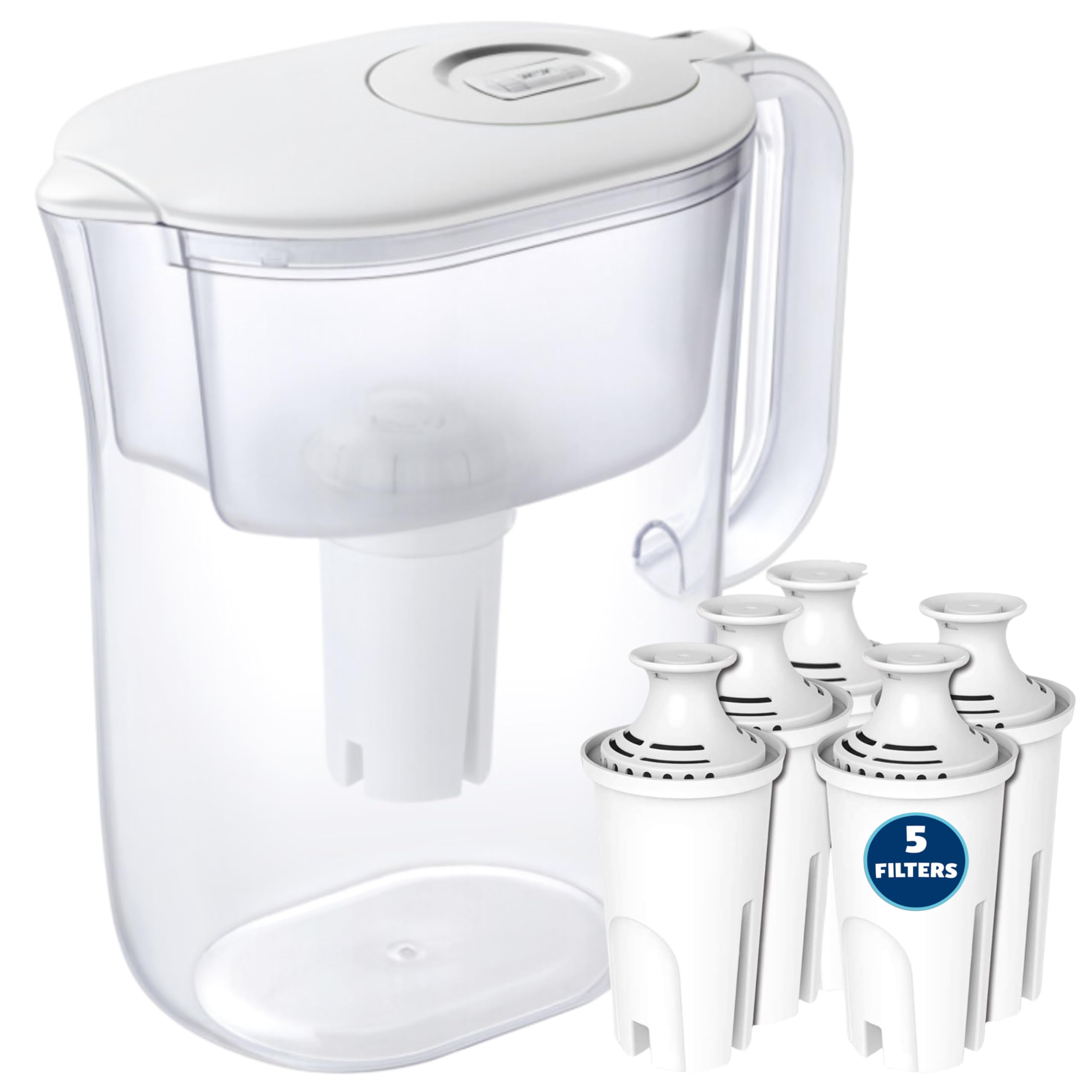 10-Cup Water Filter Pitcher with 5 Replacement Filters & Smart Electronic Filter Change Reminder - Brita-Compatible Water Pitcher Replacement - Perfect for Home, Office, and Travel Use