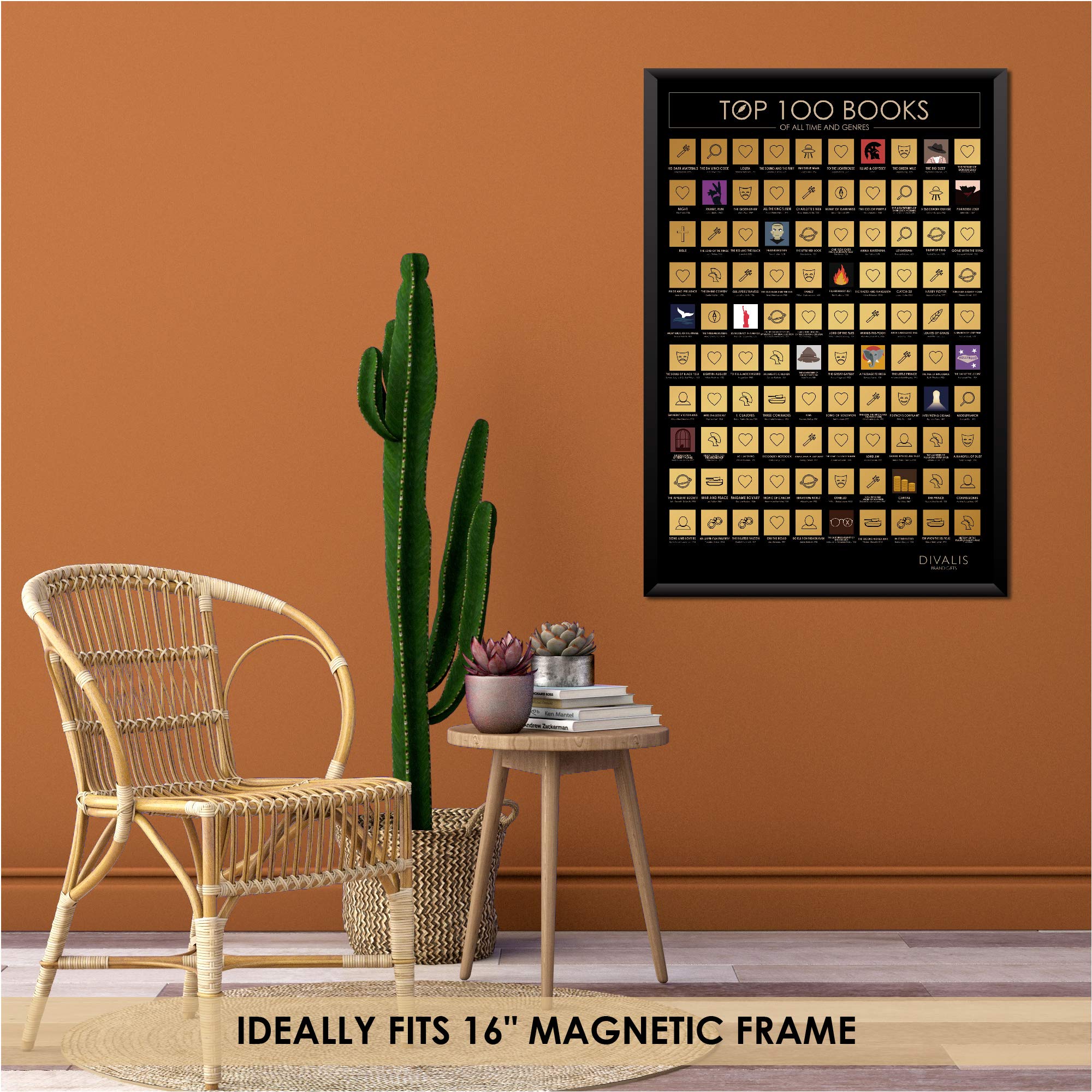 100 Books Scratch Off Poster - 24x16 Reading Bucket List Chart with Scratcher Tool | Must Read Books Checklist for Book Lovers | Perfect Gift for Readers & Book Club Members | Home Office & Library Decor Accessory
