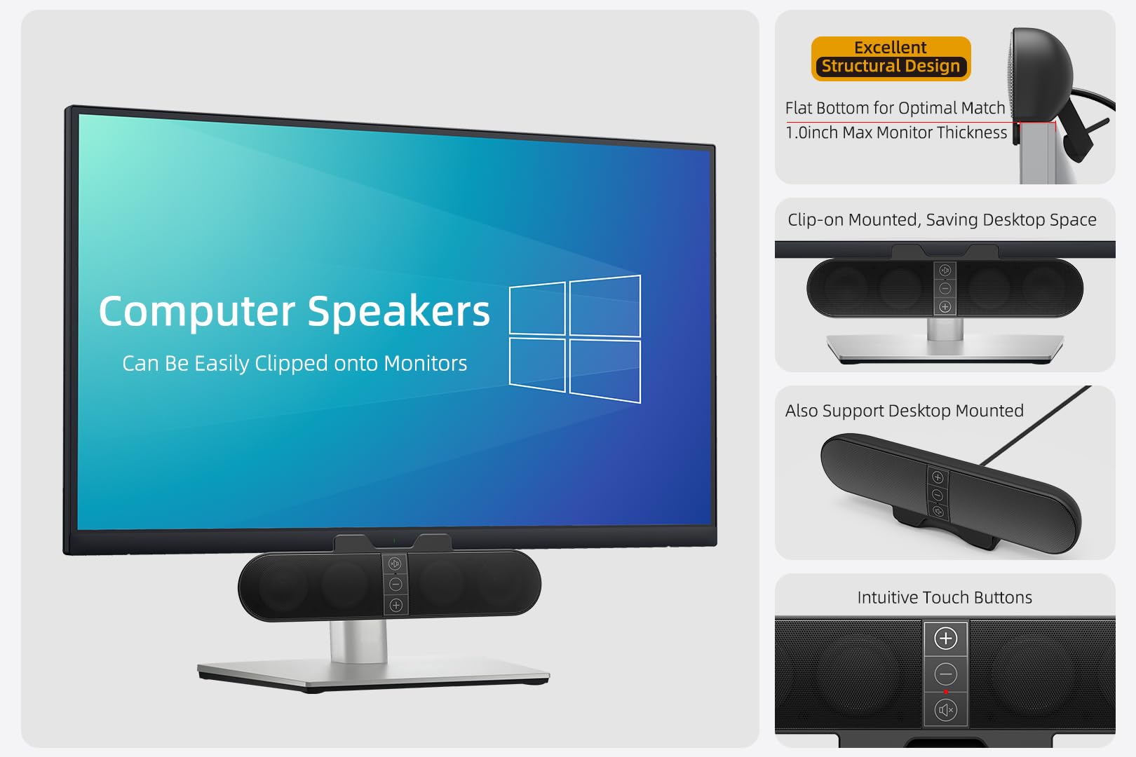 USB Computer Speakers for PC & Laptop - Clip-on Soundbar with Deep Bass for Gaming & Office Work