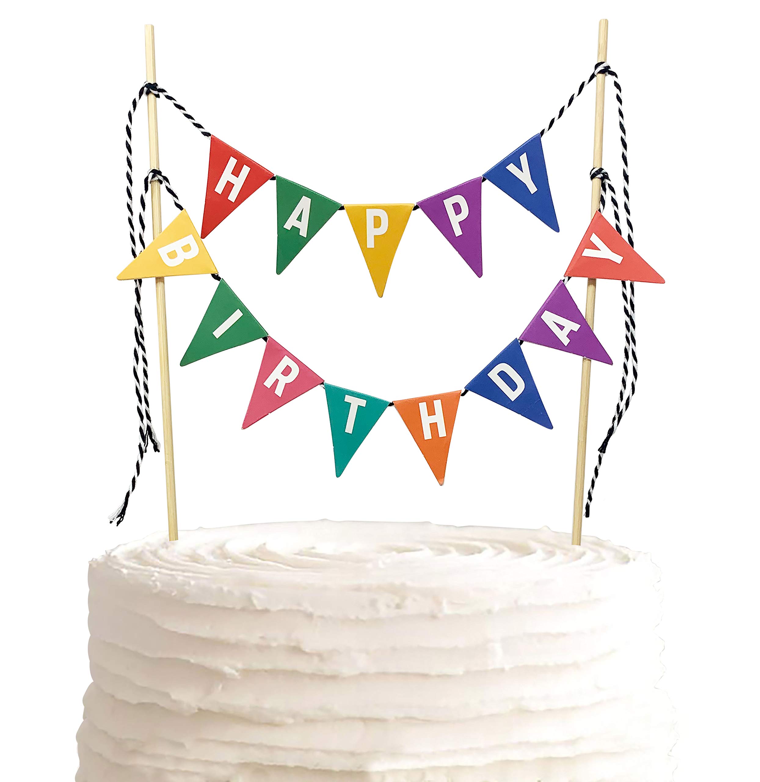 Happy Birthday Cake Topper Banner with Colorful Double-Sided Bunting Flags - Food Safe Handmade Party Decor for All Ages | Perfect for Birthday Cakes, Cupcakes, Wedding & Baby Showers