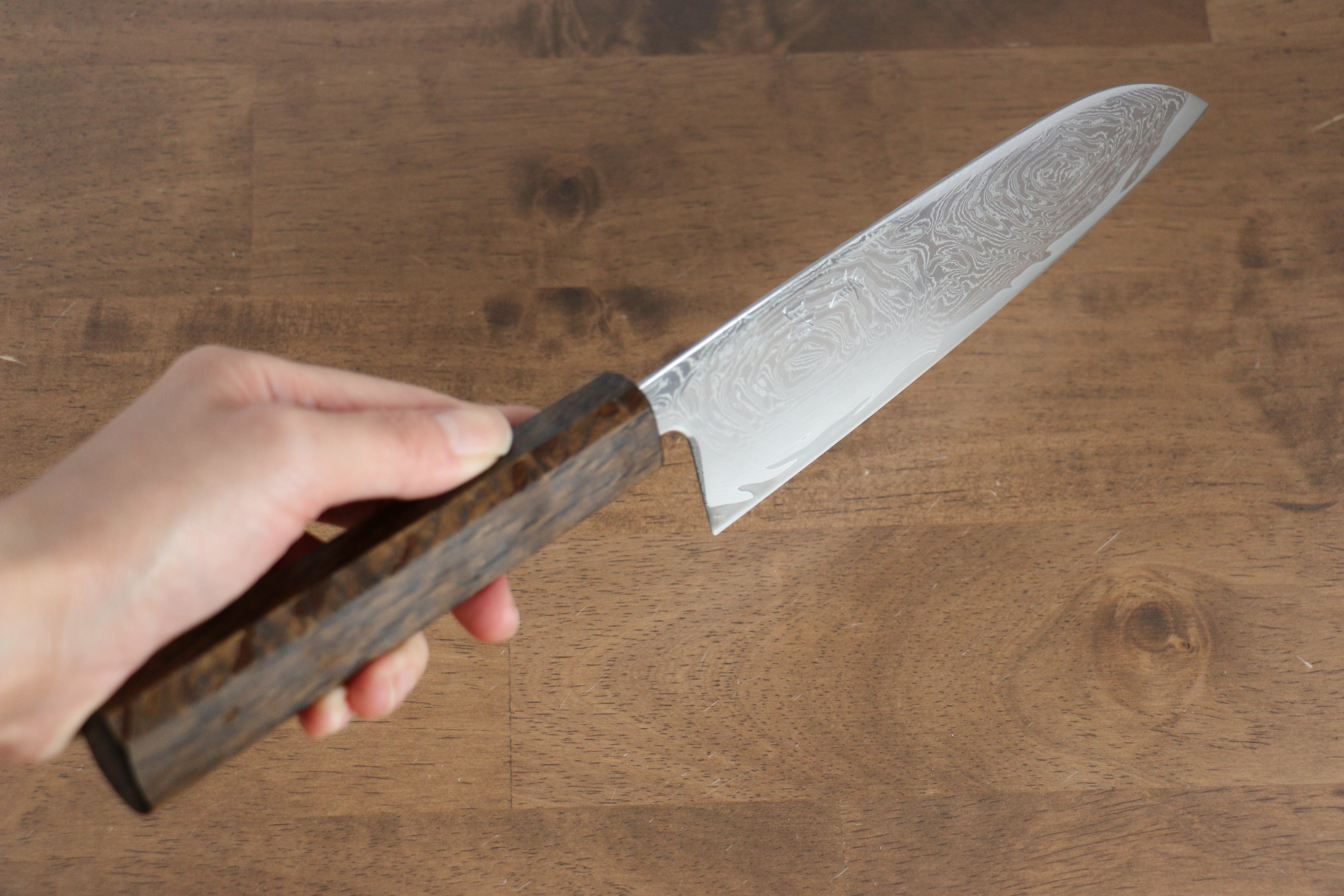 Premium AUS10 Damascus Santoku Knife 165mm - Mirrored Finish, Oak Handle - Perfect for Slicing, Dicing & Chopping Vegetables, Meat & Fish