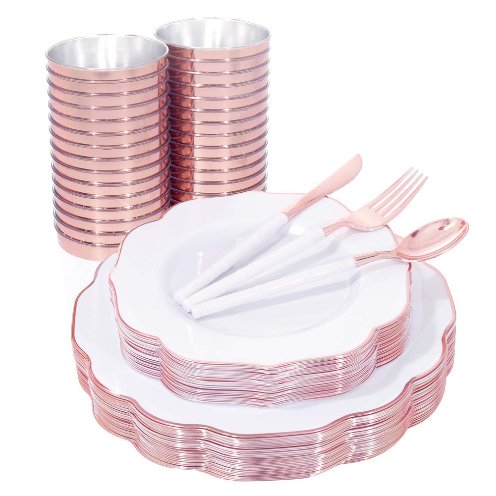 BUCLA 30-Pack White & Rose Gold Plastic Plates with Matching Cutlery & Disposable Cups - Elegant Disposable Dinnerware Set for Weddings, Mother's Day, Bridal Showers, Birthday Parties & Special Events