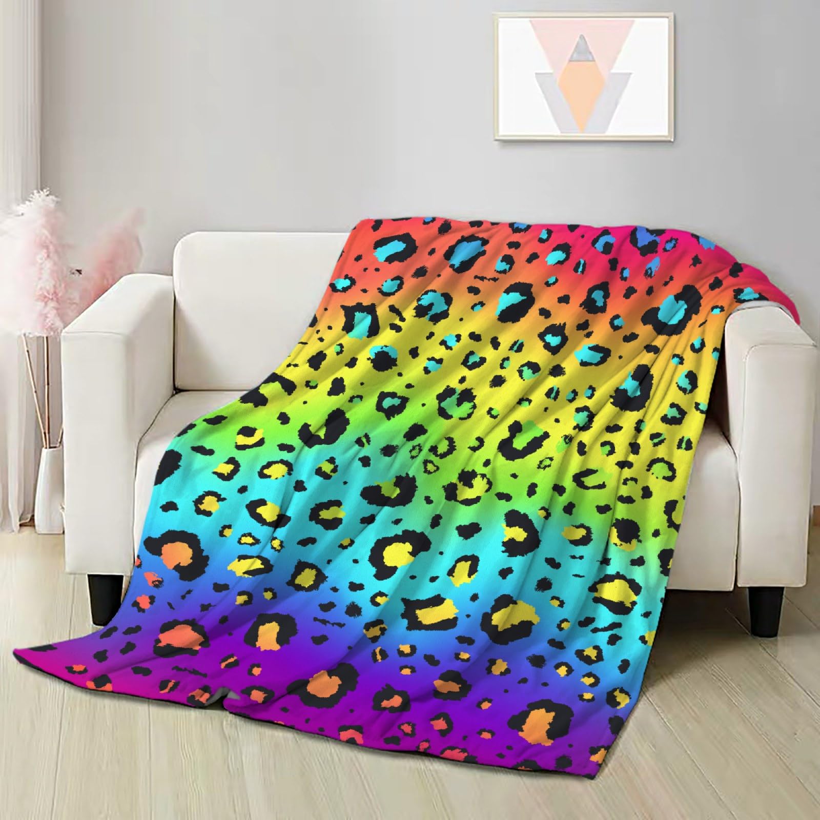 Ultra Soft Flannel Fleece Throw Blanket - Neon Rainbow Leopard Print - All Season Warm & Cozy Quilt - 120