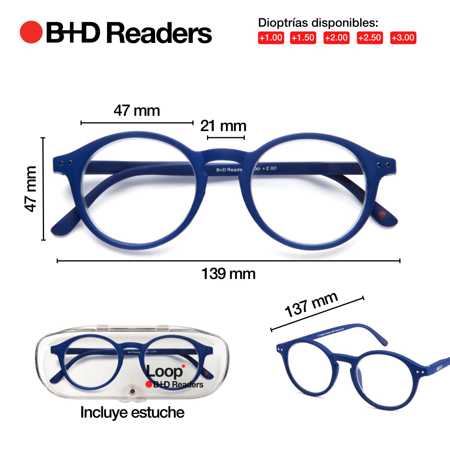 B+D Reading Glasses with Flexible PC Frame - Blue Lightweight +2.00 Strength Readers for Men & Women - Perfect for Reading, Computer Use, and Daily Activities