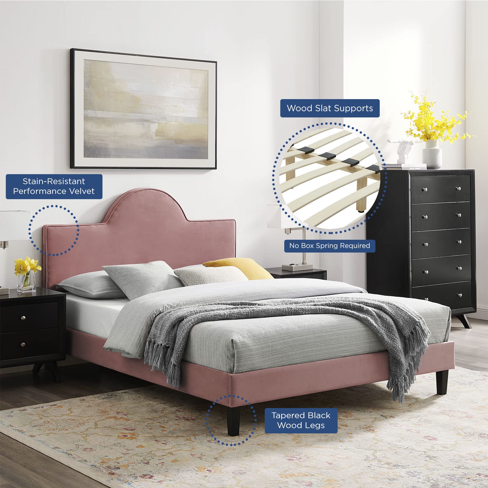 Modway Performance Velvet Queen Size Bed Frame with Platform Base in Dusty Rose - Luxurious Bedroom Furniture for Modern Master Bedroom Decor