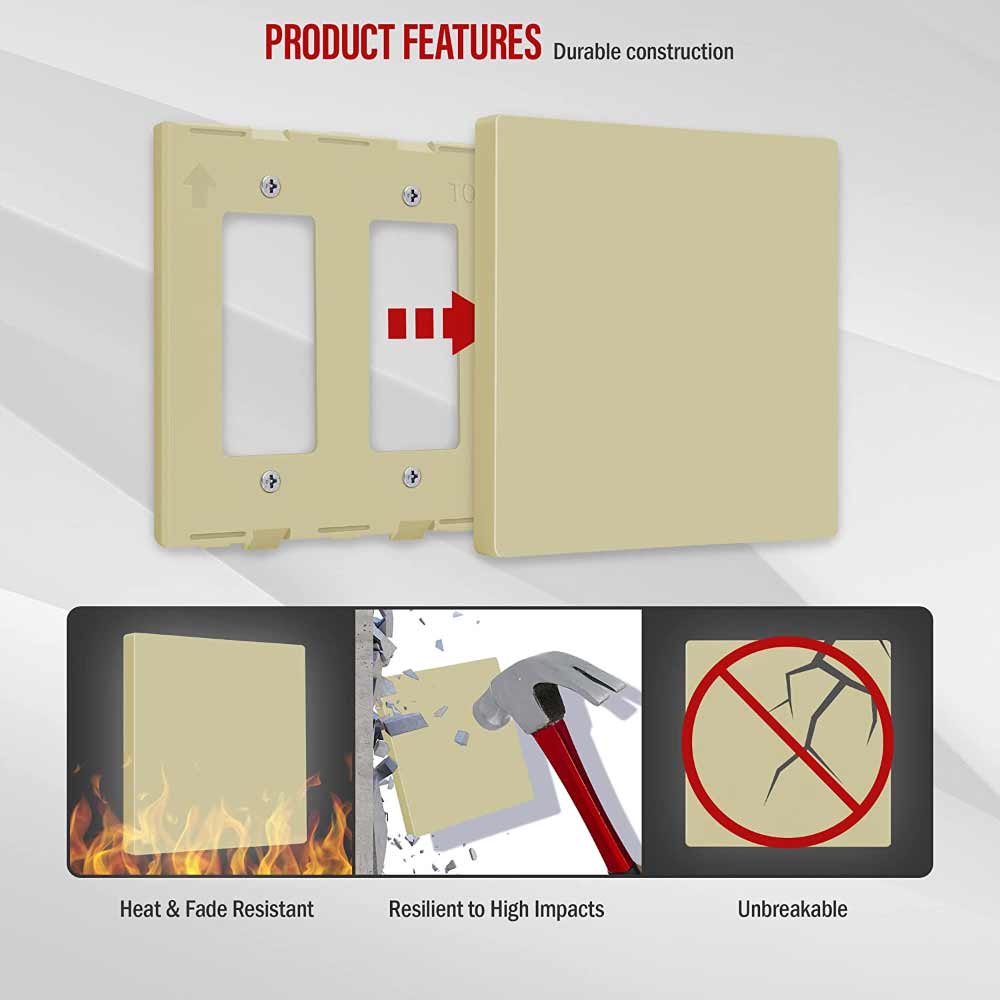2 Gang Screwless Blank Wall Plate, Ivory - Smooth Cover for Electrical Outlets, Home & Office Decor