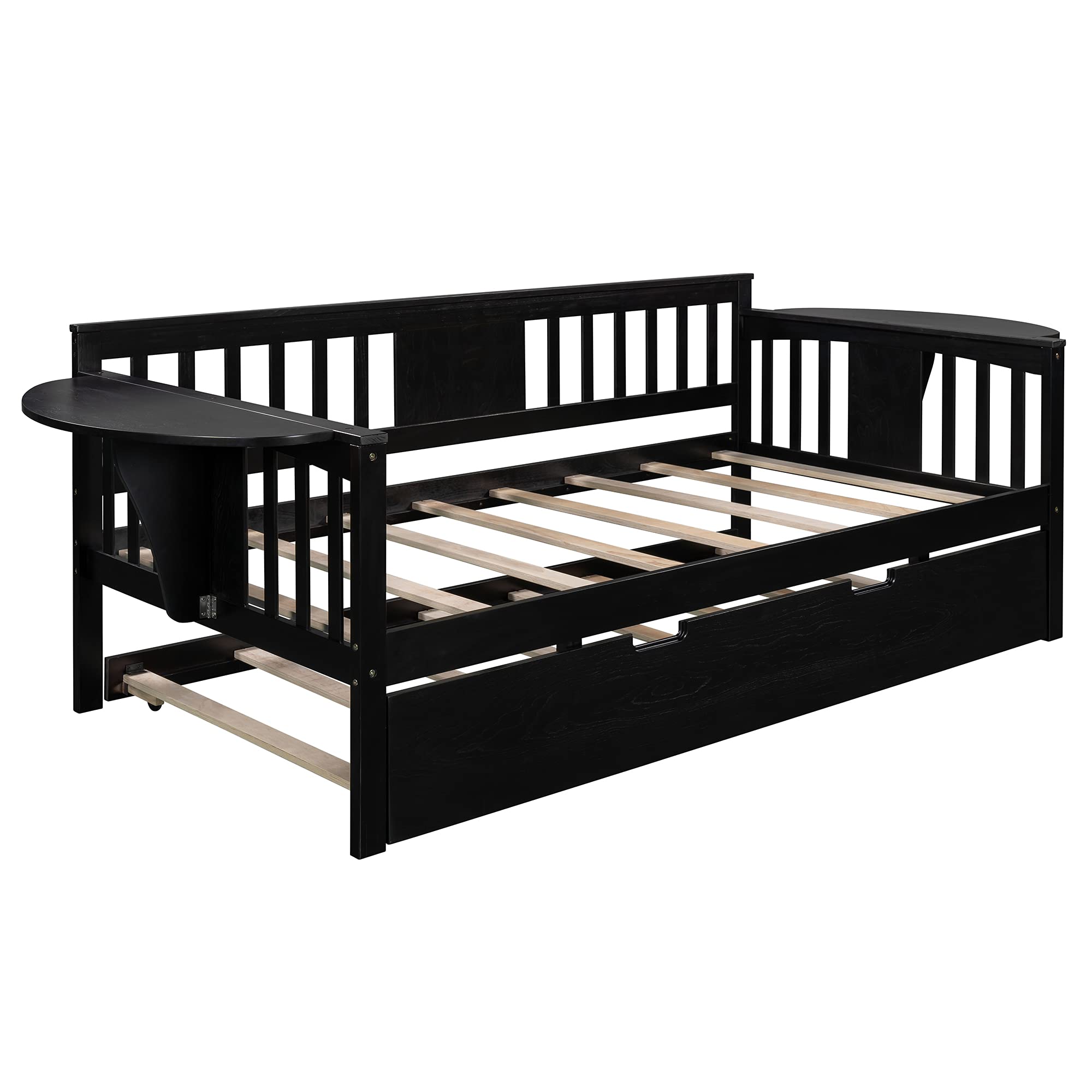 Knocbel Twin Size Daybed with Trundle & 2 Foldable Tables - Solid Wood Platform Bed Frame - 79.5