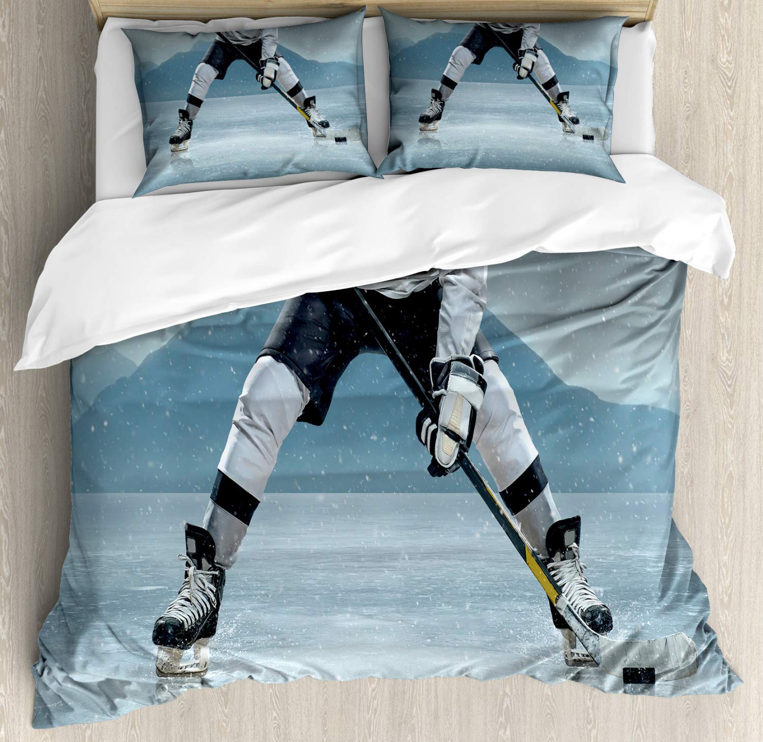 Ambesonne Ice Hockey Player Duvet Cover Set - King Size 3-Piece Bedding with 2 Pillow Shams, Charcoal Grey & White Design - Perfect for Sports Fans Bedroom Decor & Hockey Theme Room Accessories