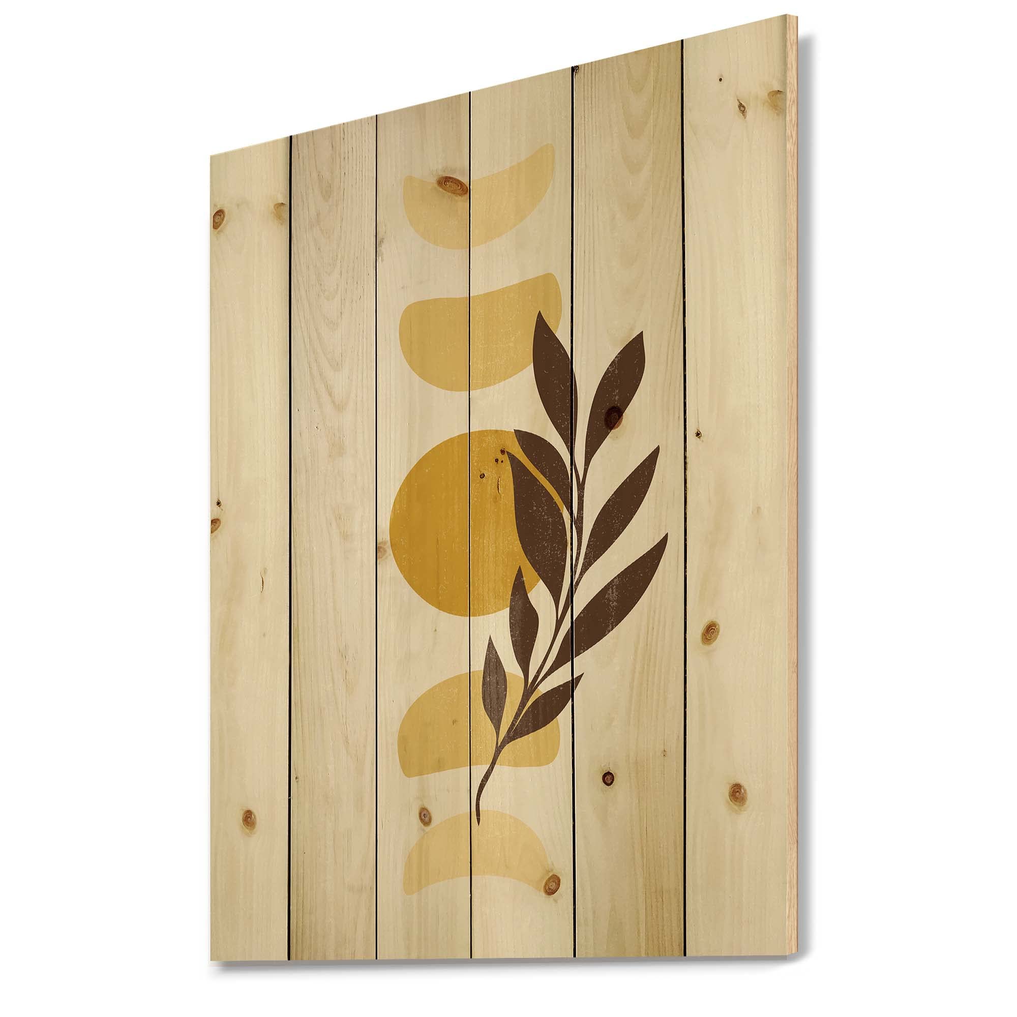 Abstract Geometric Sun and Moon with Leaf VII Modern Wood Wall Art - Yellow Floral Wood Wall Decor, Large Pine Wood Panel Print for Living Room, Bedroom & Office