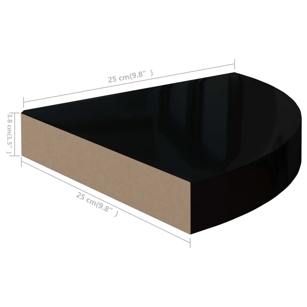 Corner Floating Shelves Wall Mounted - High Gloss Black MDF Display Shelf for Bathroom, Bedroom, Kitchen & Garage - 9.8