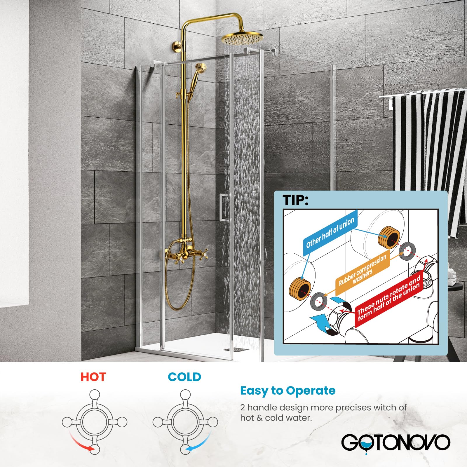 Gotonovo 8 Inch Rainfall Shower Faucet Set - Polished Gold Wall Mount Bathroom Shower System with Handheld Showerhead and Cross Handle, 2 Function Water Spray Modes - Perfect for Modern Bathroom Renovation and Spa-Like Shower Experience