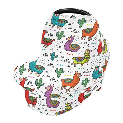 Stretchy Baby Car Seat Cover for Boys & Girls - Soft Cartoon Llama & Cactus Design - Universal Infant Car Canopy & Nursing Cover - Perfect for Breastfeeding, Stroller, Shopping Cart & Travel Protection