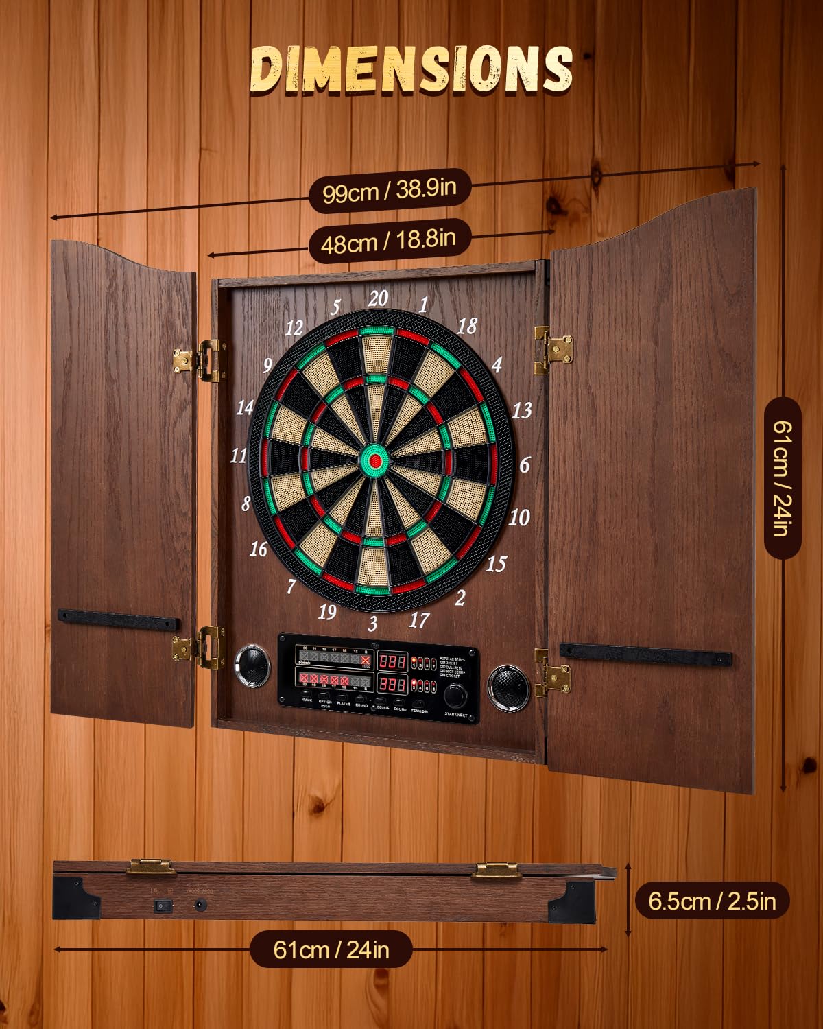 Electronic Dart Board Set for Adults - Wooden Dartboard Cabinet with 12 Bronze Soft Tip Darts & Cricket Game Mode - Perfect for Family Game Rooms, Man Caves & Bars