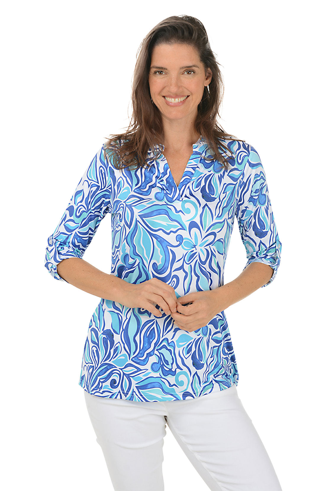 Blue Hibiscus UPF50+ Sun Protection Roll Sleeve Top for Women - Lightweight Quick-Dry Swim Shirt for Beach, Pool & Outdoor Activities