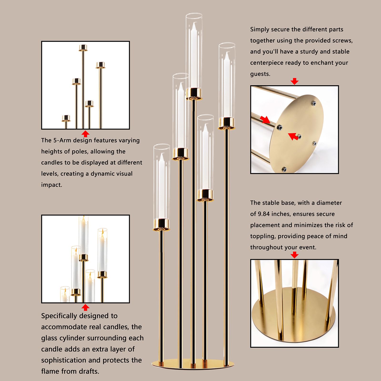 5-Arm Gold Candelabra with Glass Cylinders for Real Candles - Elegant Metal Candle Holder for Wedding, Party & Home Decor - Large Centerpiece (Set of 2) - Perfect for Dining Table, Mantel Decor and Special Events
