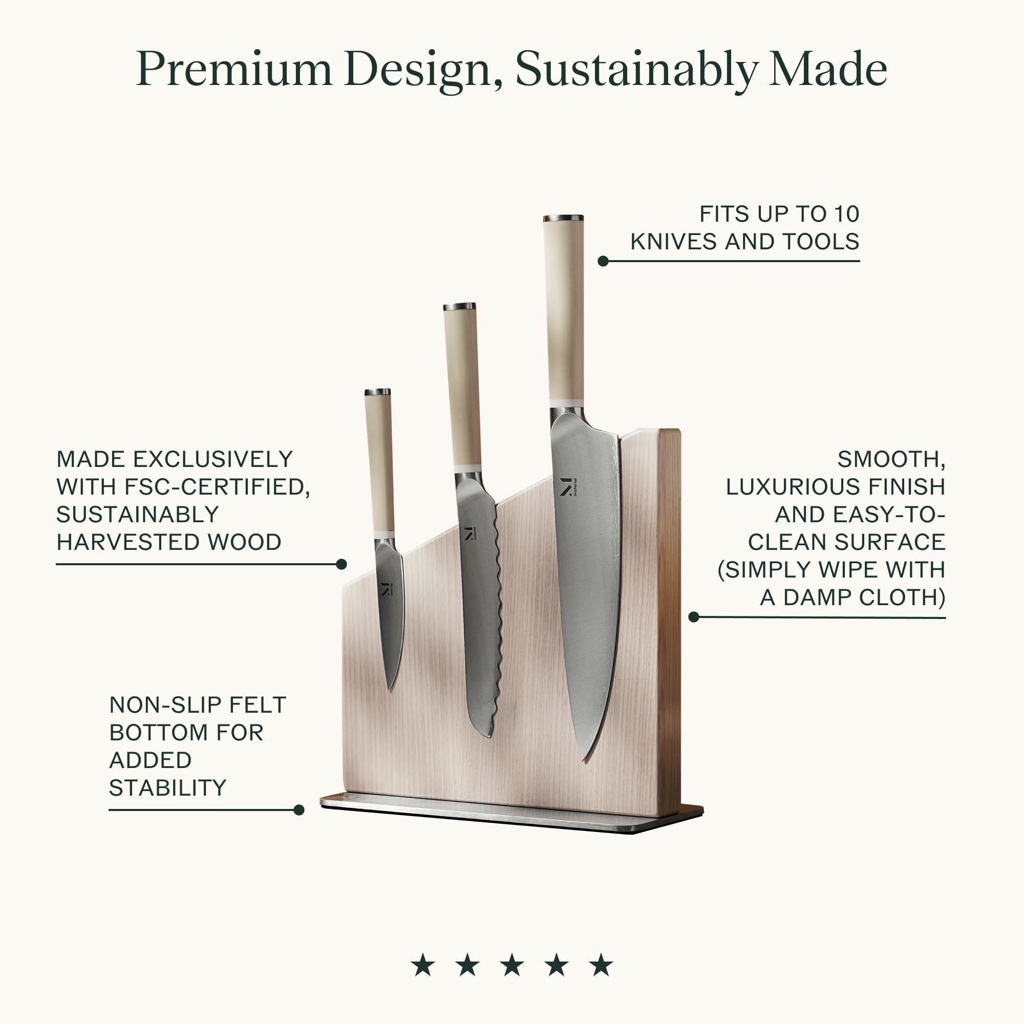 Magnetic Wood Knife Stand - Modern Knife Block for Safe Storage & Display of 10 Knives - Large Capacity White Ash Knife Holder for Kitchen Countertop & Chef's Workspace