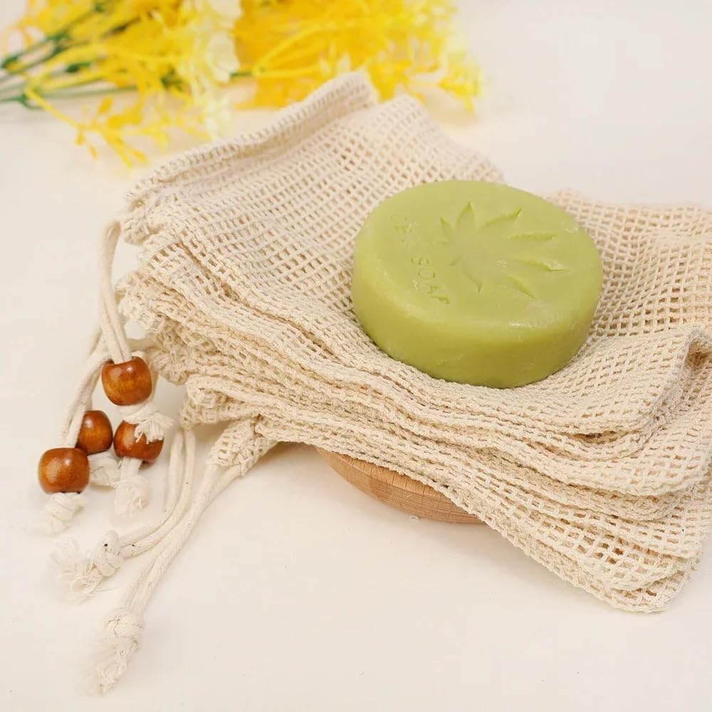 20 Pack Natural Cotton Linen Soap Saver Bags - Eco-Friendly Mesh Soap Holder for Exfoliating, Foaming & Drying | Plastic-Free Shower Accessories with Coffee Colored Beads | Perfect for Travel, Gym & Sustainable Bathroom Routine