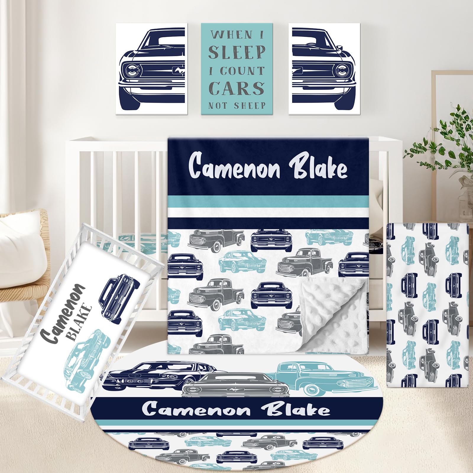 KAINSY Personalized Vintage Car Crib Bedding Set - Custom Baby Crib Set with Name for Boys & Girls - 5 Piece Nursery Bedding Set with Blanket & Crib Sheets - Perfect for Baby Showers, Nursery Decor & Newborn Gifts