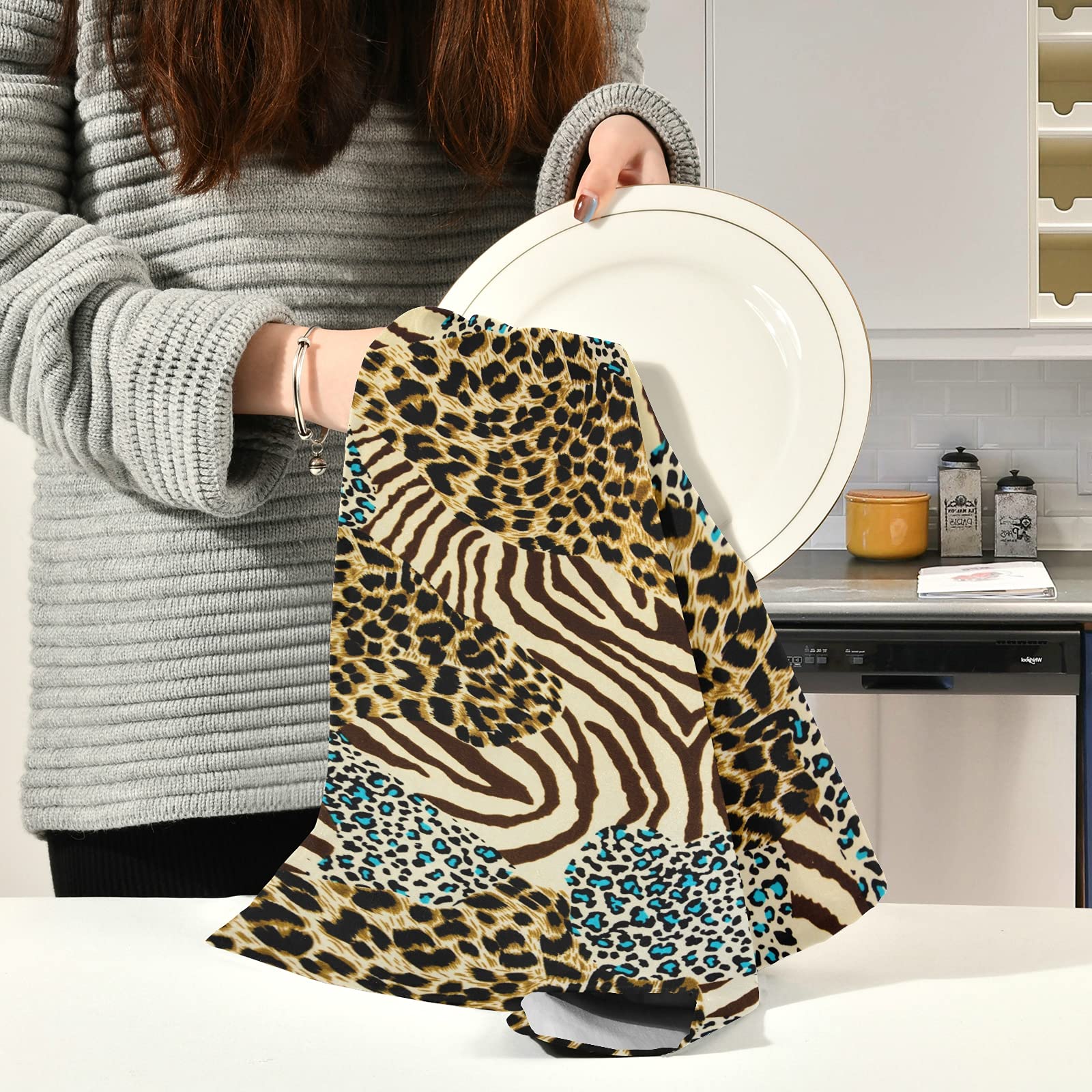 Vintage Tiger Zebra Leopard Print Kitchen Towels - Set of 4 Super Absorbent Soft Dishcloths (18
