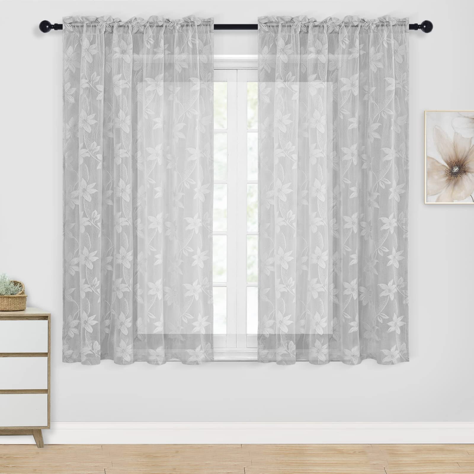 DWCN Grey Floral Lace Sheer Curtains - Rod Pocket Window Voile Sheer Drapes for Bedroom & Kitchen, 52 x 45 Inch Short Curtains Set of 2 Panels - Elegant Home Decor for Living Room, Nursery & Dorm