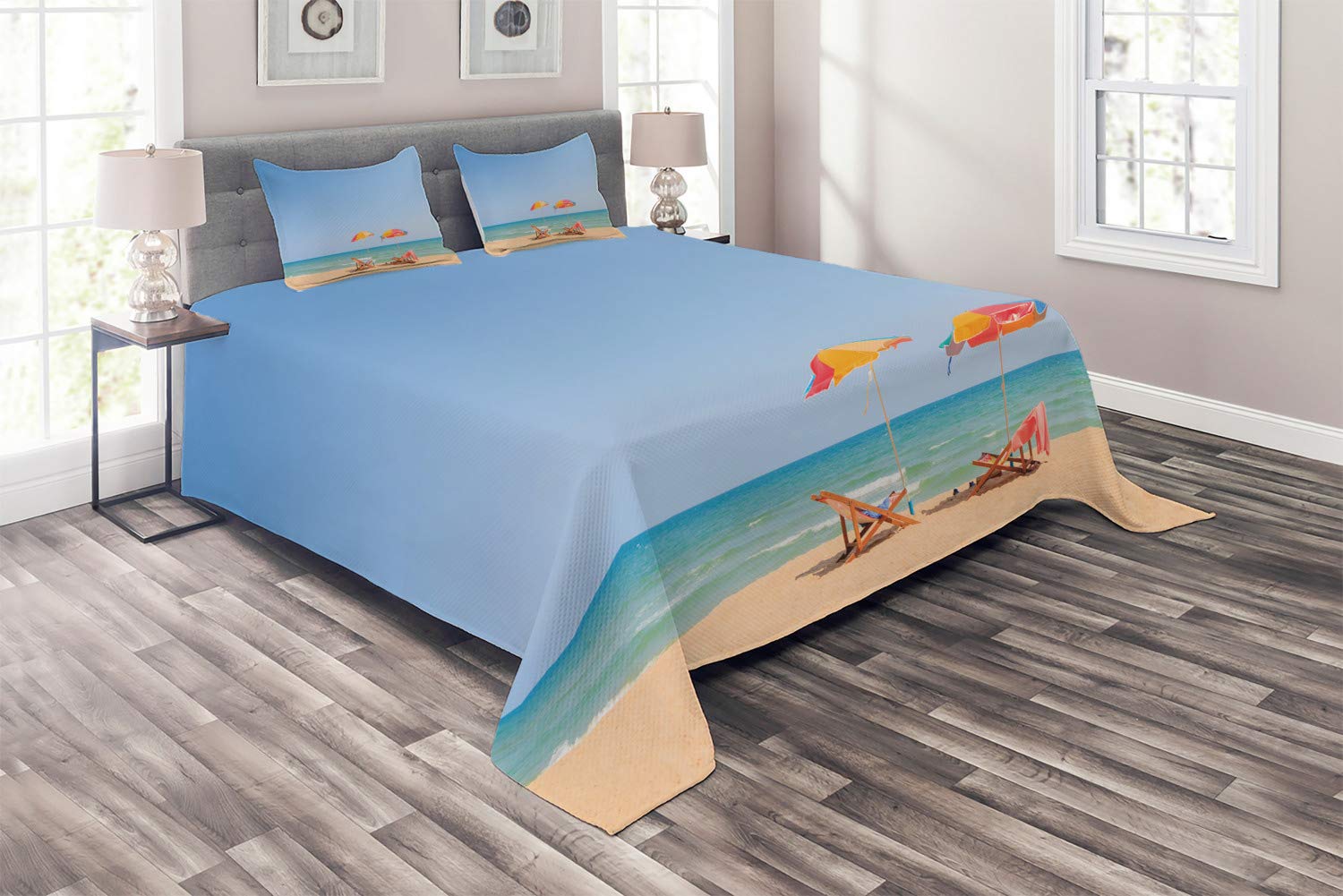 Ambesonne Seaside Quilt Set - King Size 3-Piece Beach Themed Bedspread with 2 Pillow Shams, Turquoise & Beige Coastal Decor | Perfect for Beach House, Vacation Rental or Coastal Inspired Bedroom
