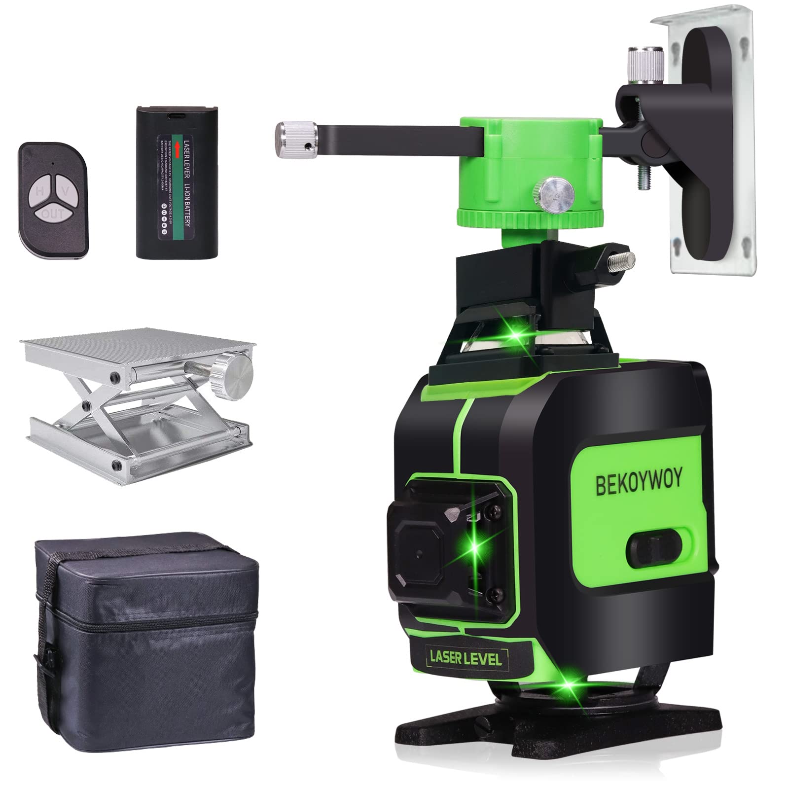 BEKOYWOY 4D Green Laser Level 16 Lines 360° Rotary Self-Leveling - Horizontal & Vertical Laser with 5 Brightness Adjustments, Wireless Remote & 2 Rechargeable Batteries - Perfect for Construction, Tile Installation, Picture Hanging, and DIY Home Projects