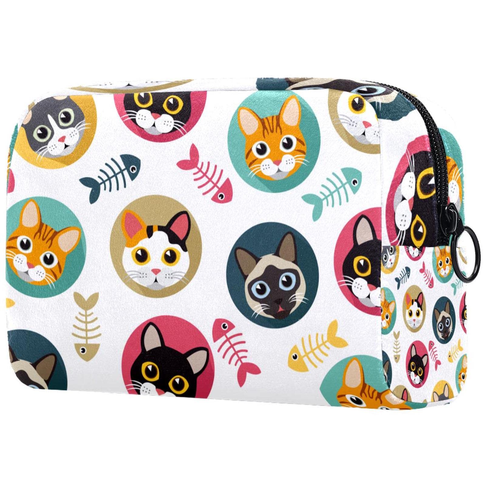 Large Cosmetic Bags for Women - Cute Cat & Fish Bone Pattern Travel Makeup Pouch with Zipper | Waterproof Toiletry Organizer for Travel, Gym, and Daily Use